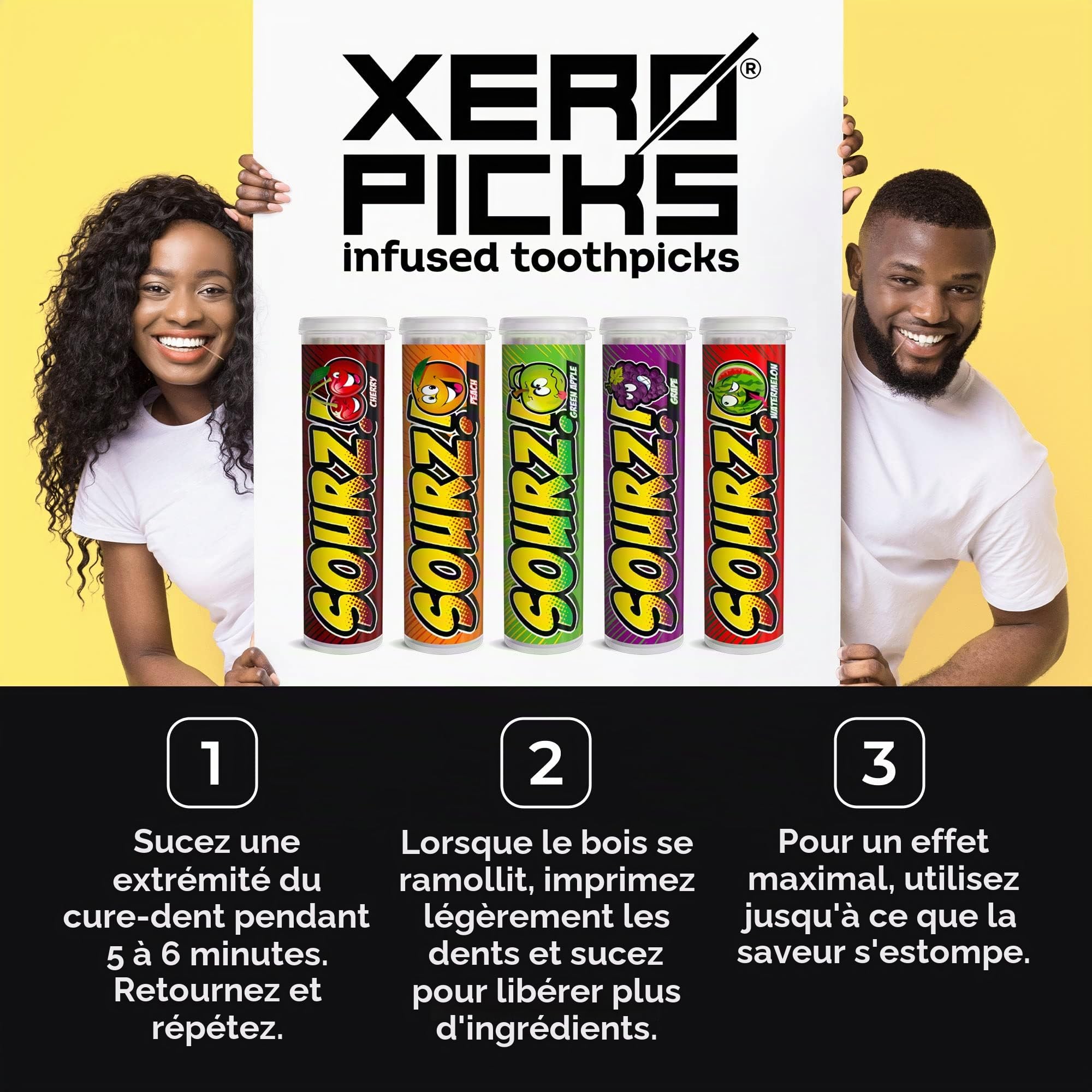 Xero Picks - Cure-dents aromatisés infusés Sourz - Sans sucre - Pomme aigre, raisin aigre, cerise aigre, pastèque aigre, pêche aigre - Lot de 5 - 20 pics par
