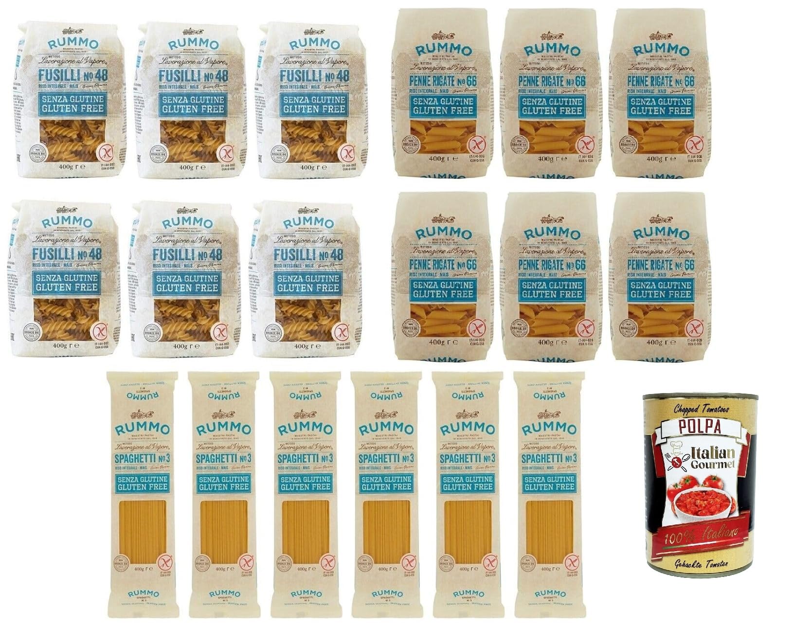 Italian Gourmet Pasta Testpaket senza glutine 18 x 400g Spaghetti Fusilli | Assortimento con penne rigate, glutenfreie Nudeln; versatile per primi, Gesamtnettogewicht 7,2 kg + Kostenlos Polpa 400g