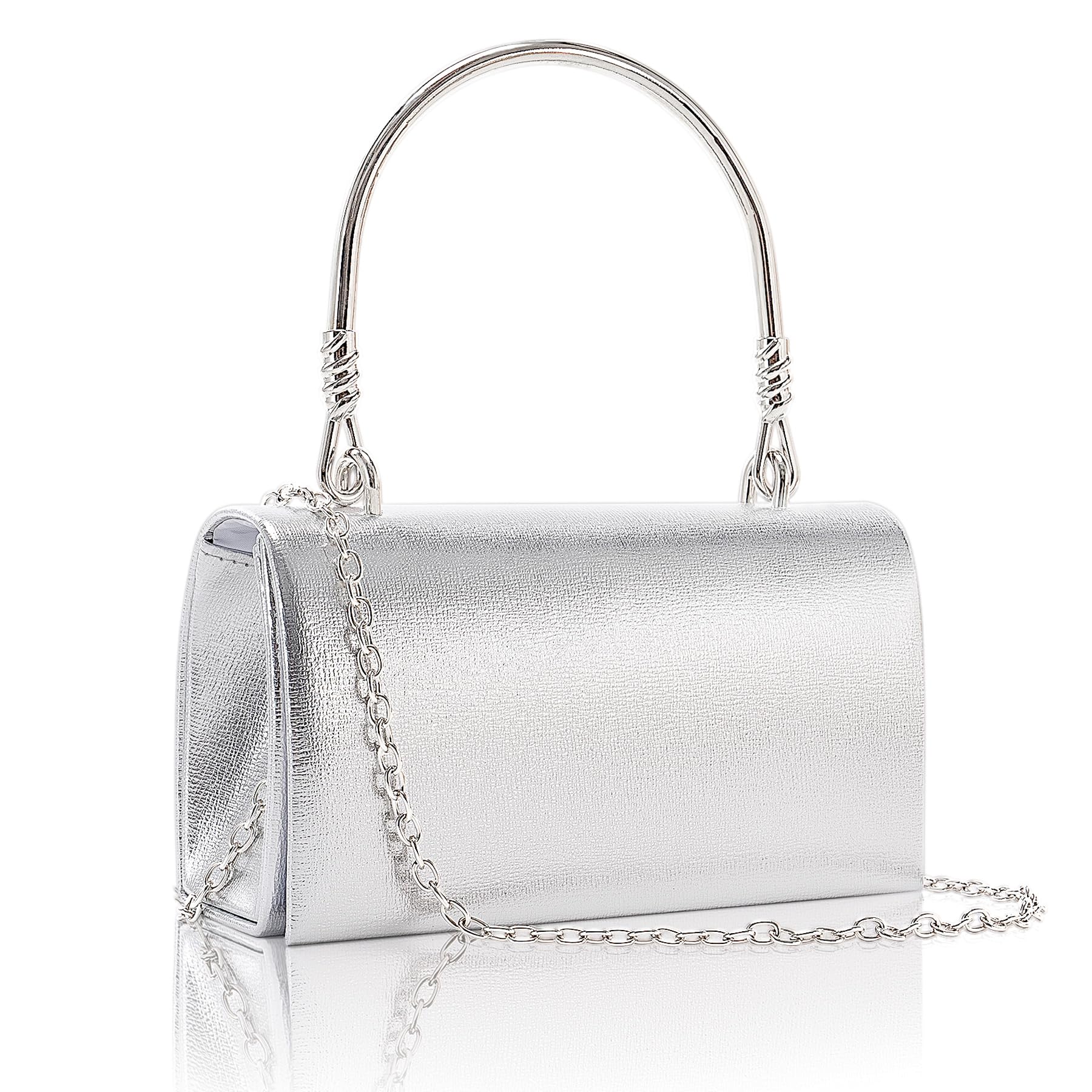 Larcenciel Clutch Purses for Women, Elegant Metallic Silver Evening Handbags with 2 Chain Straps, Fashion Vegan Leather Ladies Party Bags for Prom