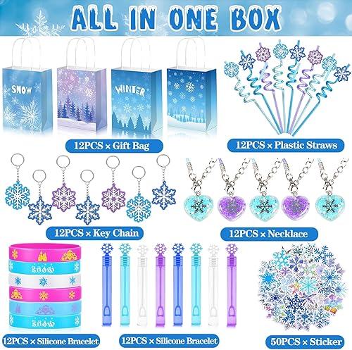 Miniatura 2 de Recuerdos de fiesta de Frozen  122 bolsas de regalo de fiesta de copo de nieve, calcomanías, collares, pajitas, pulseras, varitas de burbujas,