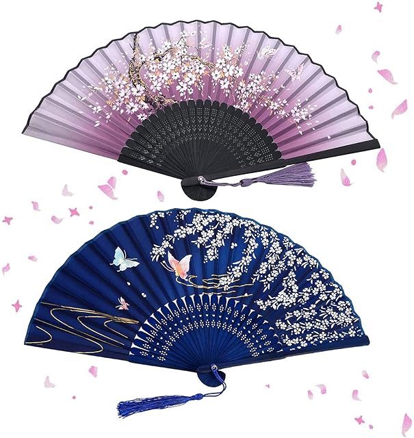 XULIN 2 Pcs Folding Fans, Women's Handheld Fans with Tassel - Hand Holding Fans for Wedding, Party, Gifts, Wall Decoration