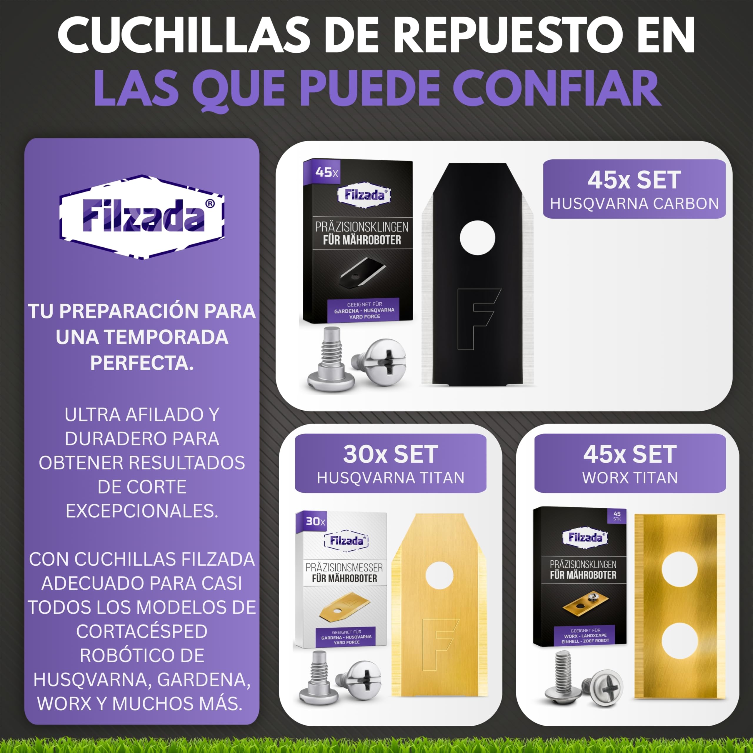 Filzada® 45x Cuchillas de titanio adecuadas para todos los cortacéspedes automáticos de Husqvarna - Cuchillas para cortacéspedes automáticos adecuadas para Husqvarna 305, 308, 310, y muchas más.