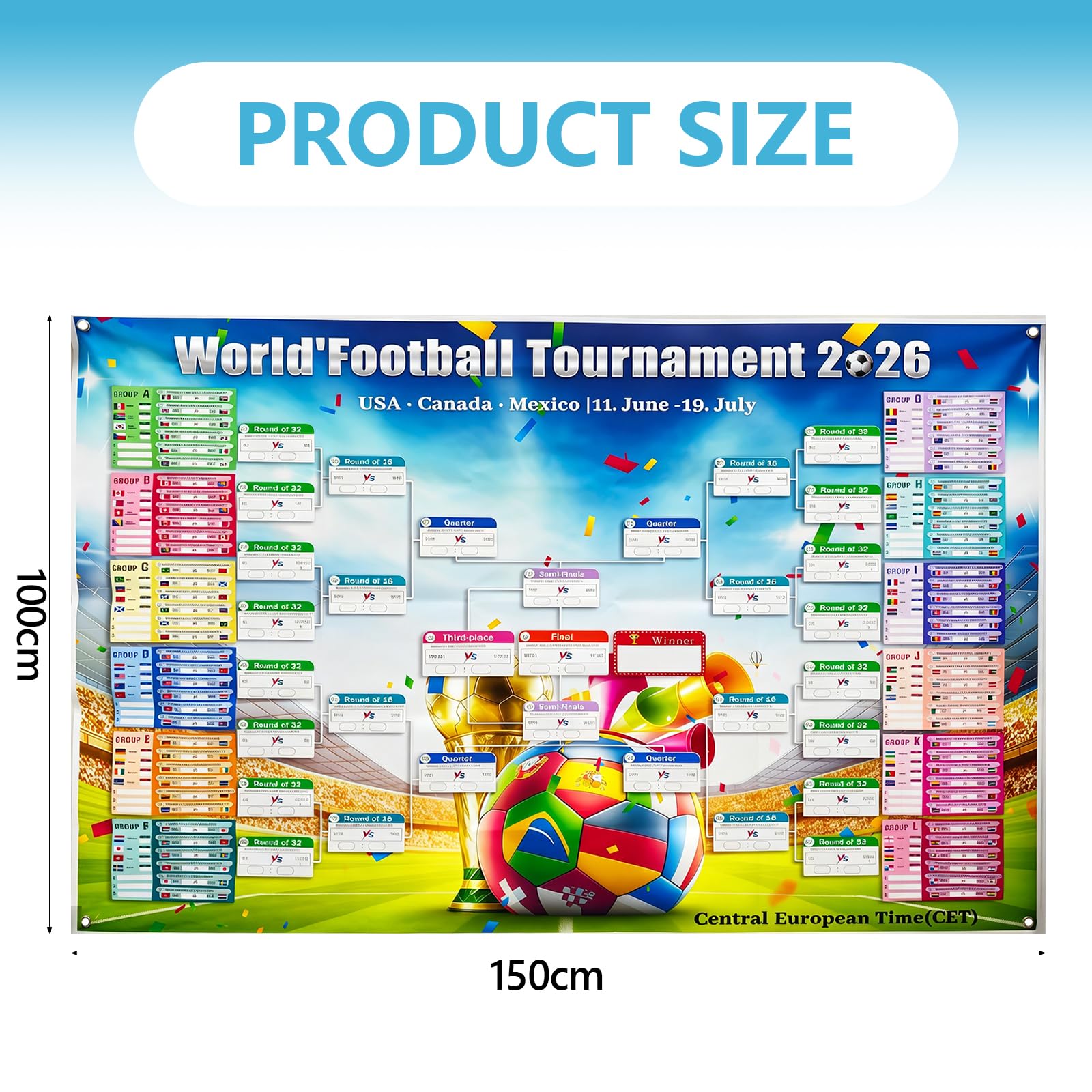 Affiche du Calendrier de la Coupe du Monde de Football 2026, 150 x 100cm, 48 Pays