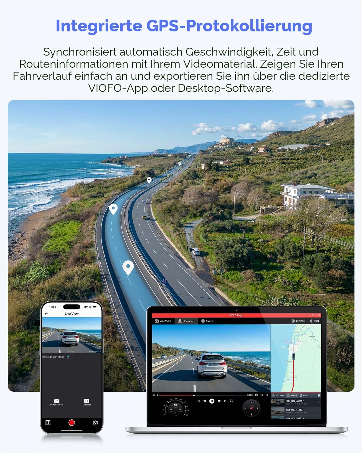 VIOFO A119 V3 Dashcam 2K 60fps GPS 24h Parkmodus Frontkamera 2560x1600P Quad HD IMX355 5MP HDR Nachtsicht Mini Dash Cam 140° Weitwinkel