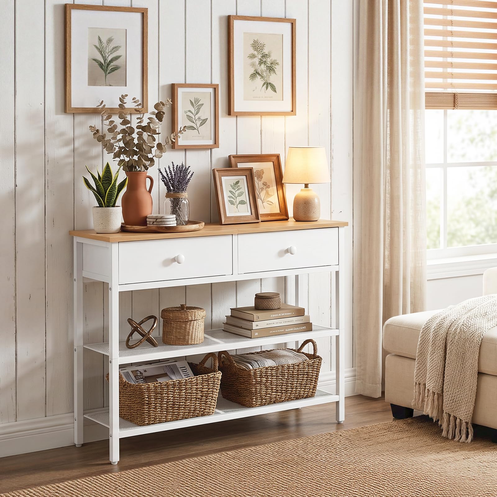 HOOBRO Mesa de Entrada de 75 cm de Largo, Mesa de Sofá de Estilo Industrial con Dos Cajones de Tejido no Textil, Consola con 3 Estantes, Dormitorio, Blanco y Color Madera Natural EWW72XG01G1