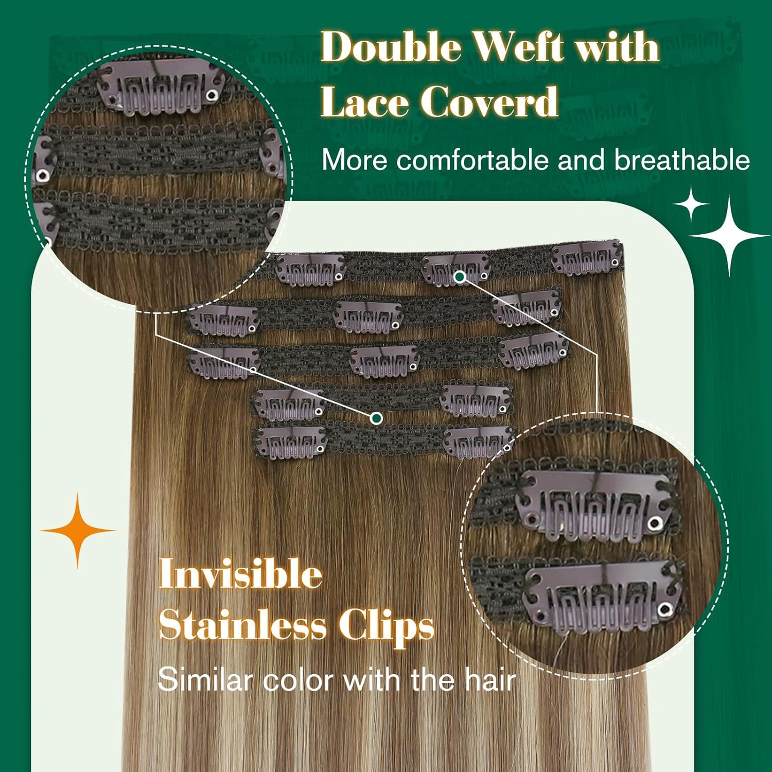 Easyouth Clip in Hair Extensions Real Human Hair Balayage Brown Clip in Human Hair Extensions Brown to Blonde Ombre Real Hair Clips in Extension Soft Thick 14Inch 70g 5Pcs #3/8/22 - Image 2