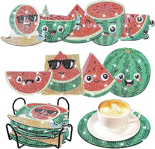 9 Pcs Watermelon Shaped Diamond Painting Coasters Set – Irregular Shaped Diamond Art Drink Coasters with Holder, Summer Irregular Fruit Slice Drink Coasters for Table Decor Coffee Tea Cup