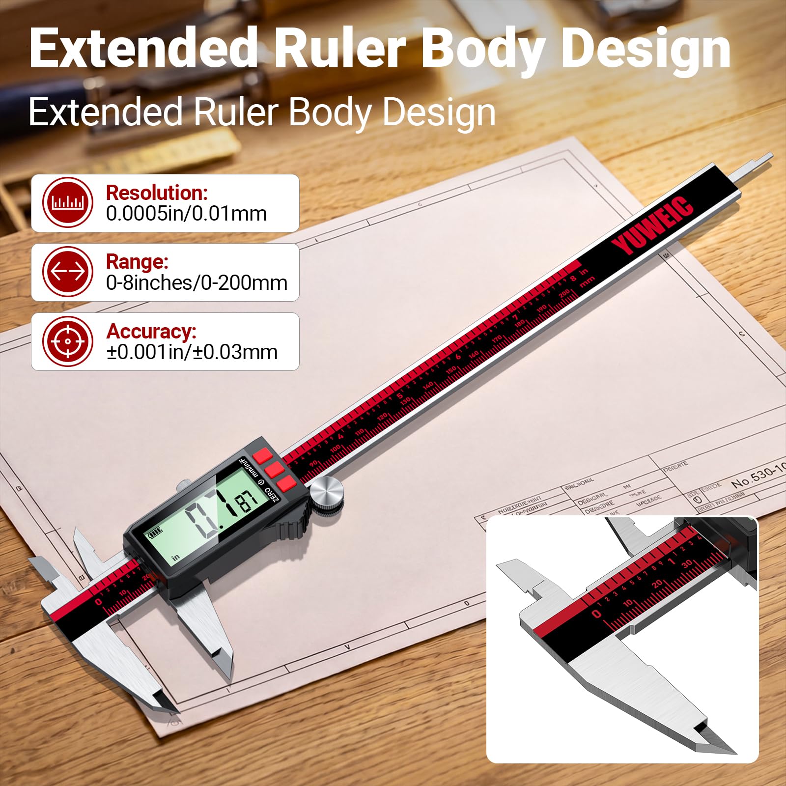 Calibrador digital de 8 pulgadas, calibradores recargables con pantalla LCD, pulgadas/mm/fracción, herramienta de medición de calibrador Vernier de acero inoxidable para bricolaje, hogar