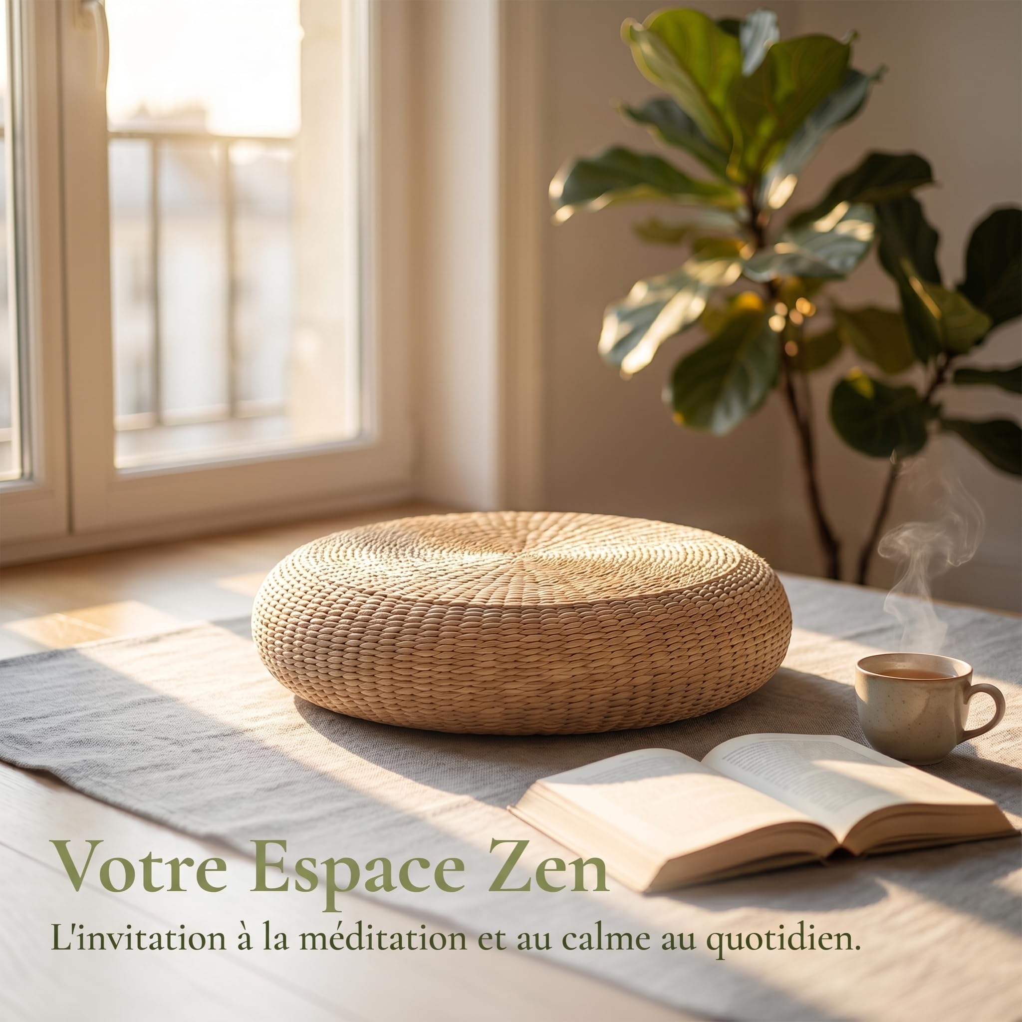 Coussin de Sol Naturel en Fibre Végétale, Coussin de Méditation Rond en Rotin Tressé, Confortable et Respirant, Tissé Main, pour Cérémonie du Thé, Salon et Bureau, 40 cm de Diamètre