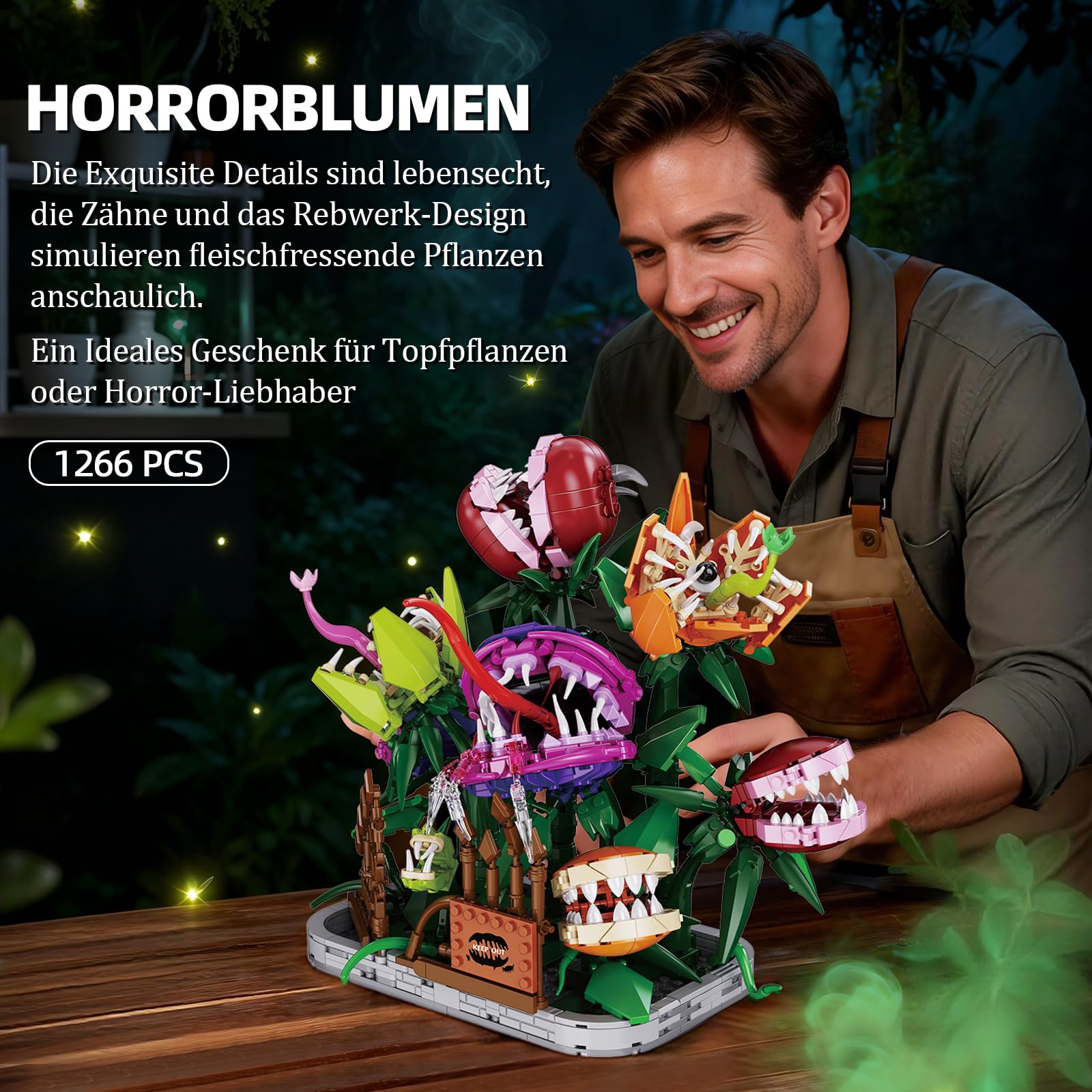 Horror Bonsai Fleischfressende-Pflanze Blumen Bausteine, 1266 Teile Botanicals Garten Deko Modell, Creative Halloween Ferien Geschenk für Pflanzenliebhaber Erwachsen Sammler
