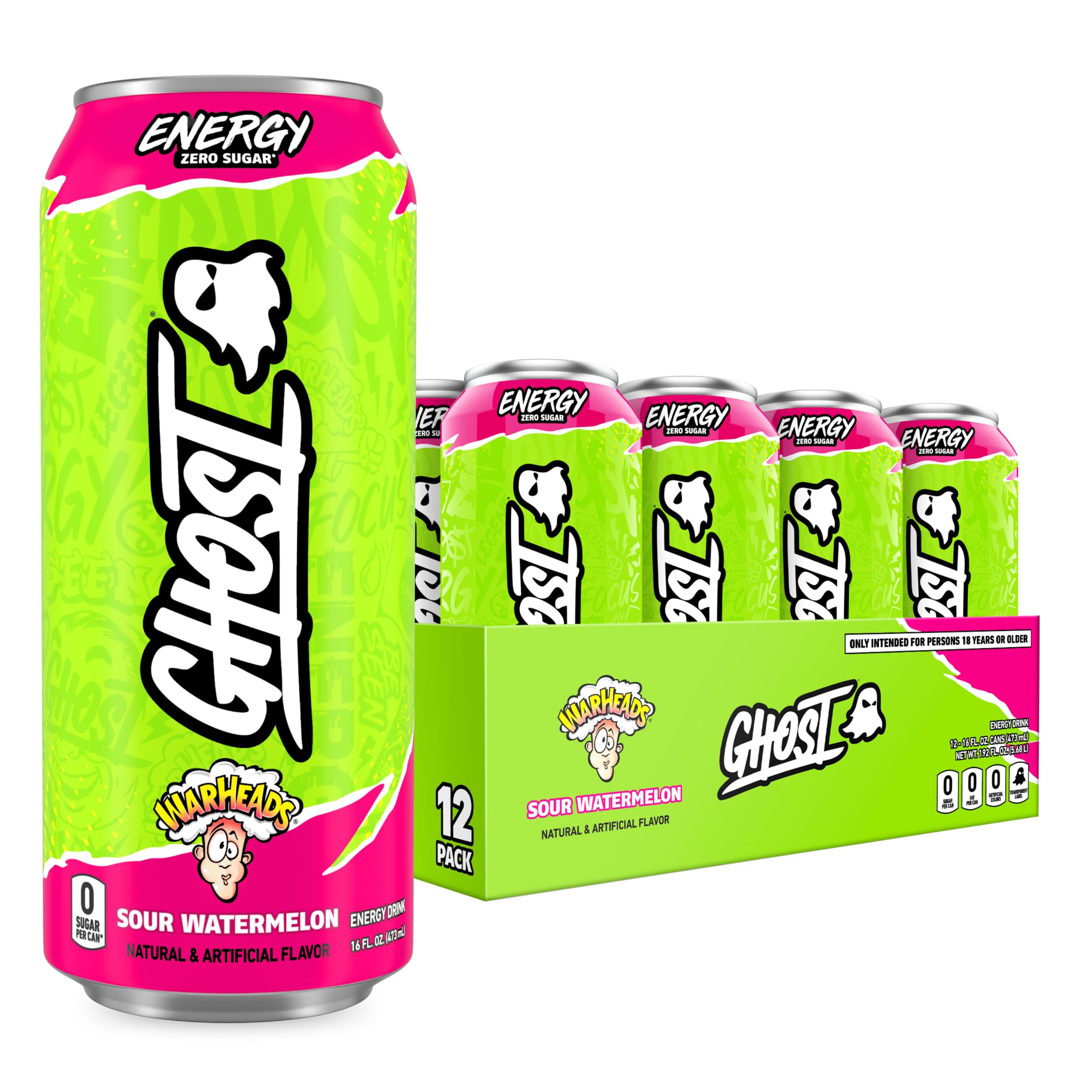 ENERGY Sugar-Free Energy Drink - 12-Pack, WARHEADS Sour Watermelon, 16oz - Energy & Focus & No Artificial Colors - 200mg of Natural Caffeine, L-Carnitine & Taurine - Soy & Gluten-Free, Vegan?