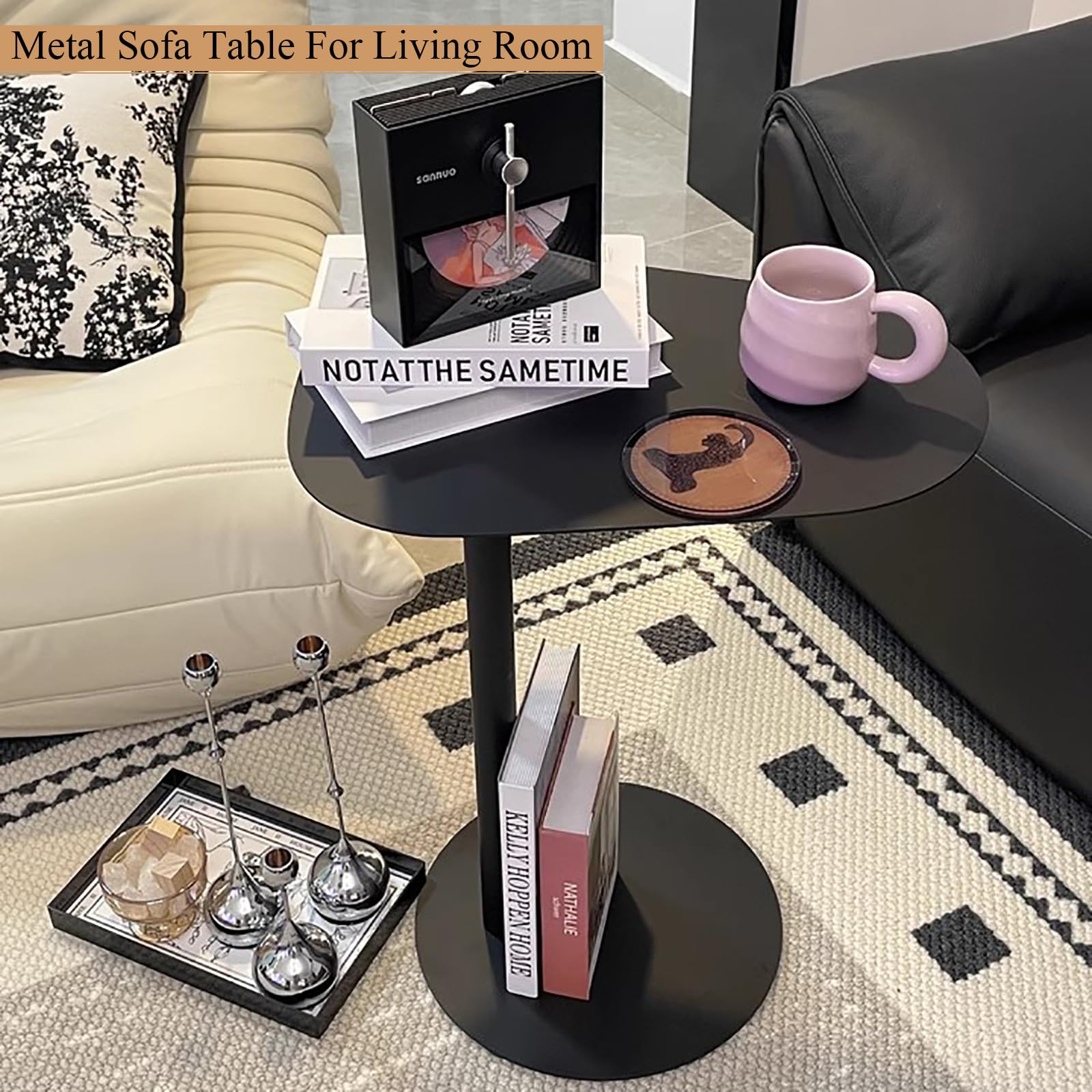 C-Shaped Metal Side Table Modern End Table for Small Spaces,Bedside or Sofa Table for Bedroom, Living Room, Coffee Shop(19.69″×13.78″×19.69″, Cream)