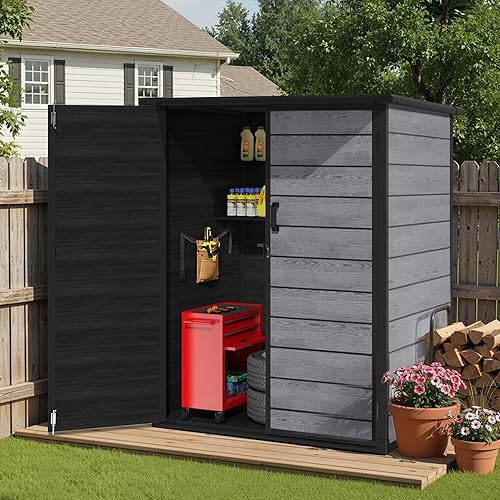 Outdoor Resin Storage Shed with Floor, Lockable Vertical Tool Shed, Weather-Resistant Garden Storage Cabinet for Backyard Patio (Dark Gray)