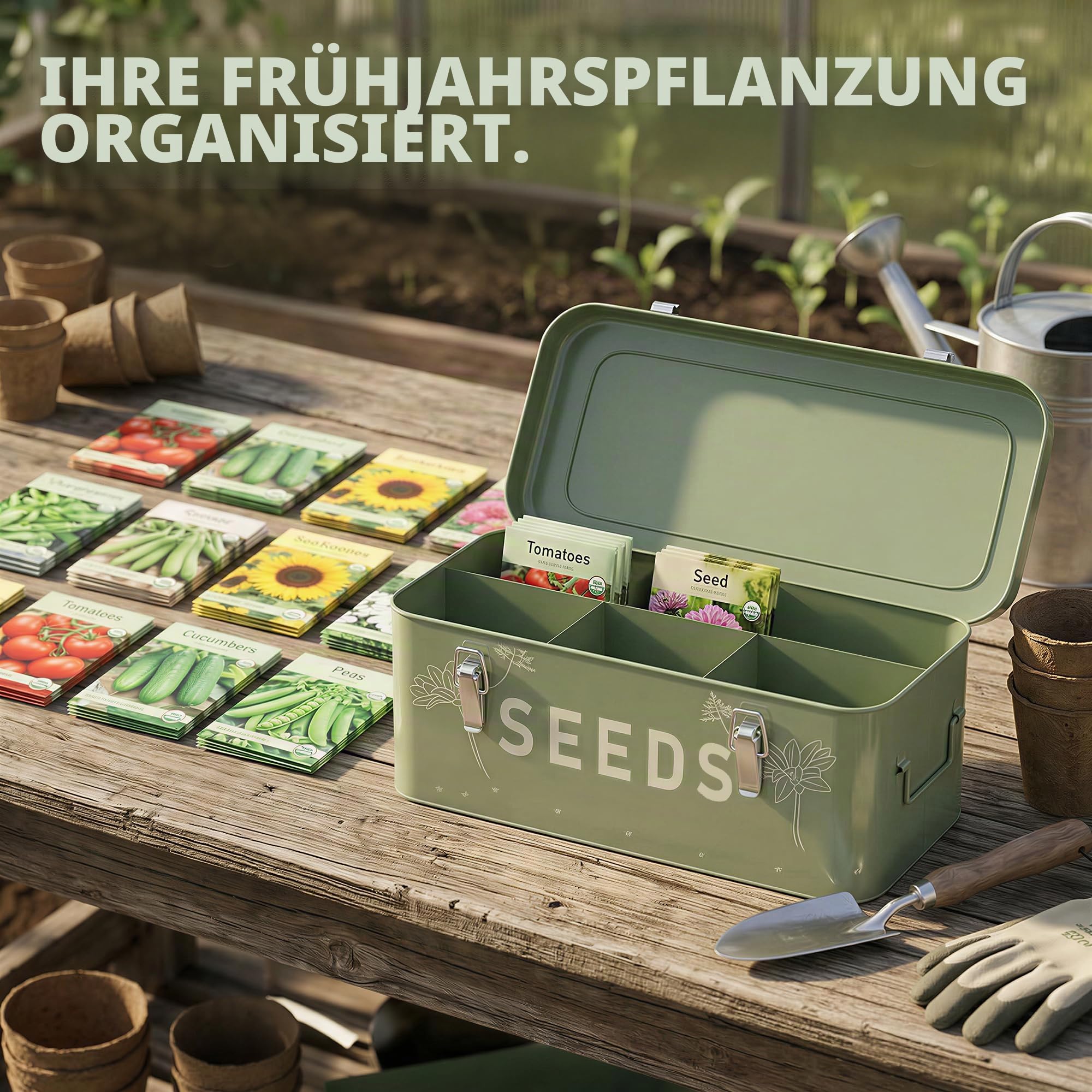 Orionstar Saatgut-Aufbewahrungs-Organizer, Samen-Sparbox aus Metall mit 30 Pflanzenetiketten und 30 Samenumschlägen