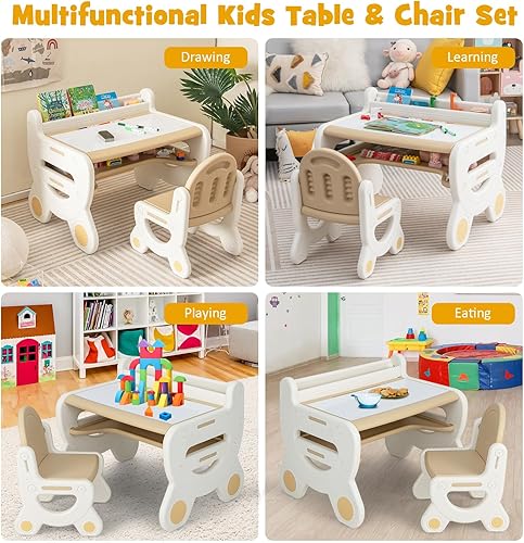 Miniatura 8 de Costzon Juego de mesa y silla para niños, escritorio de actividades de plástico con pizarra blanca, bolígrafos de acuarela, borrador de pizarra y
