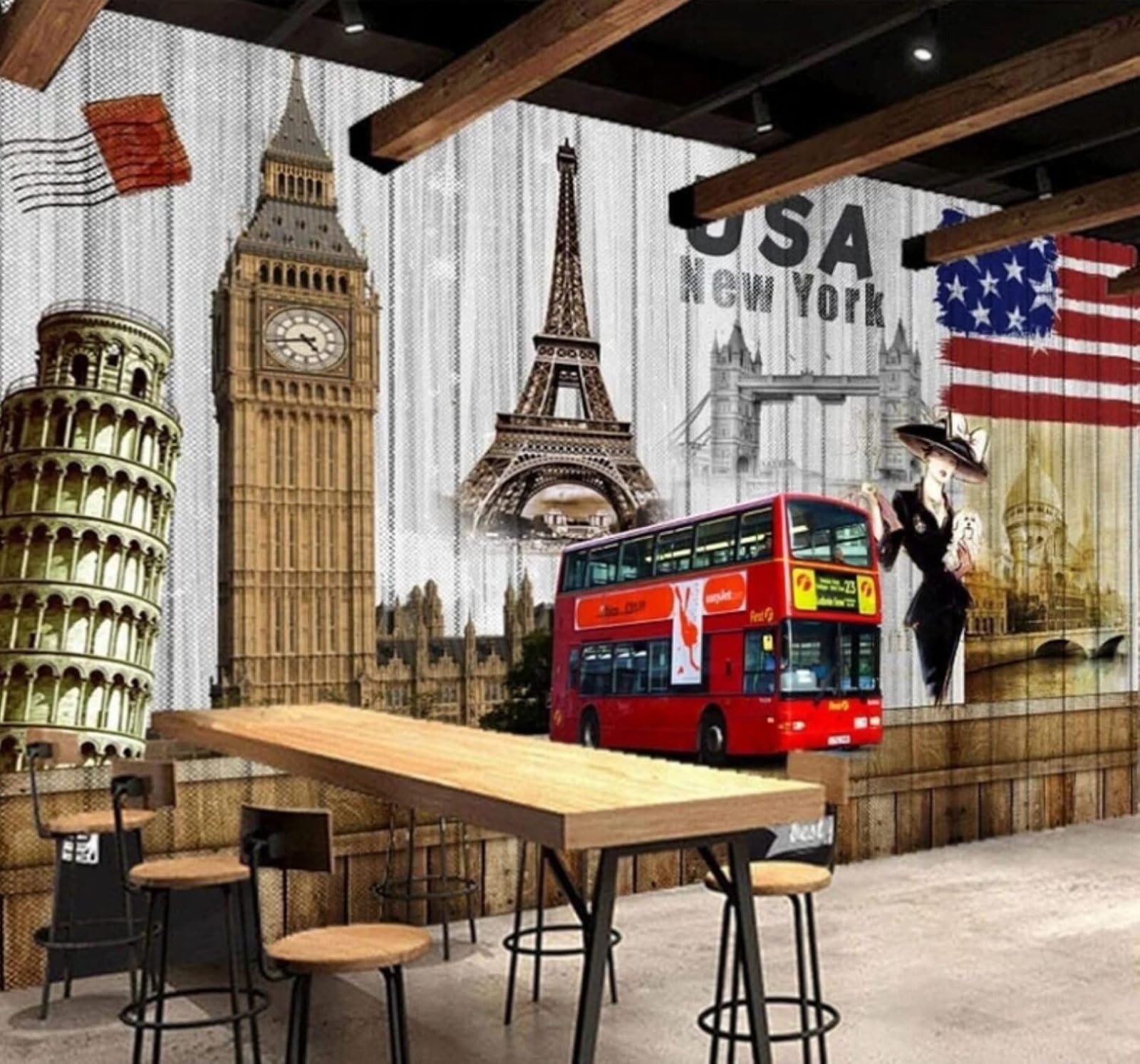 Retro Bus Architecture Wooden Panels Art 3D Wallpaper Easy Install Feature Office Living Room Sofa Bedroom TV Background Wall Decoration-300cm×210cm