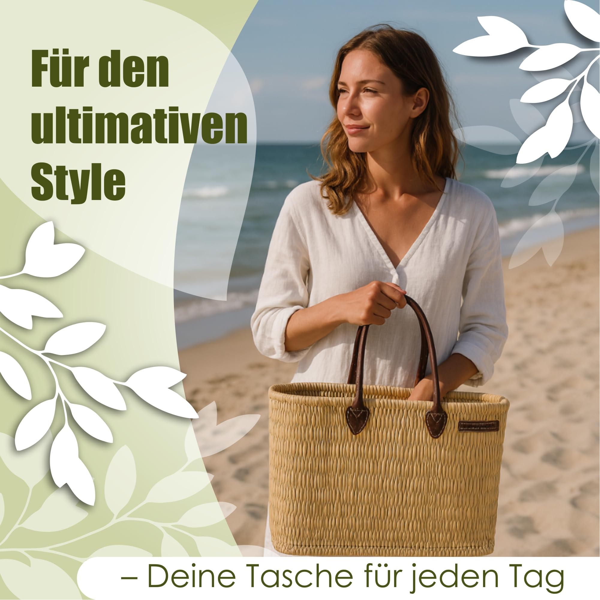 NATUREHOME Ręcznie plecione torby z trzciny i liści palmowych torba beachbag ze skórzanymi uchwytami naturalna torba łazienkowa, naturalny, Schilfrohrkorb M