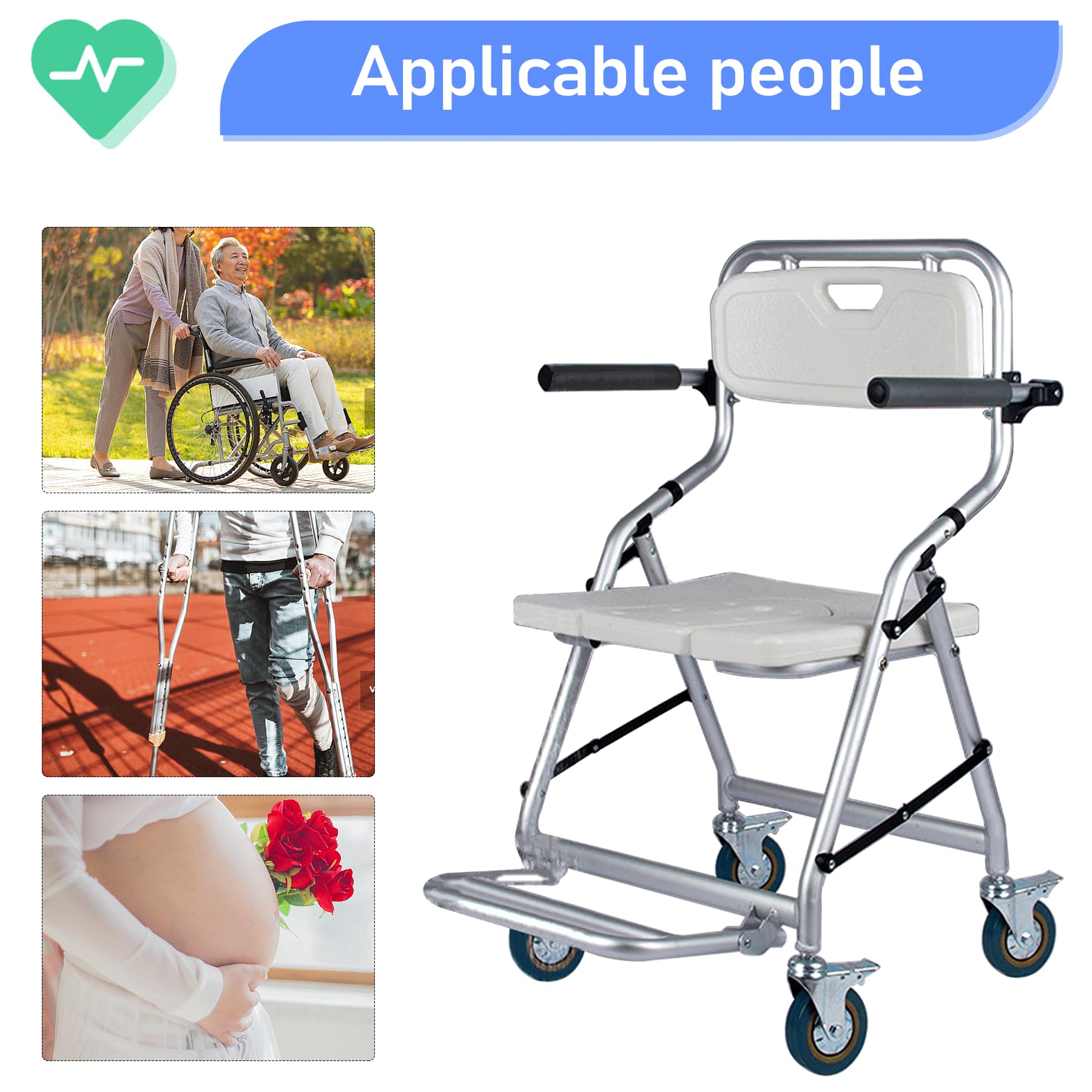 Sedile da Bagno Sedia da Doccia per Anziani e Disabili con Rotelle, Sedia Wc Doccia con Rotelle Pieghevole, Sgabello Bagno Doccia, Massimo Carico 120 Kg, Una Sedia Doppio Scopo