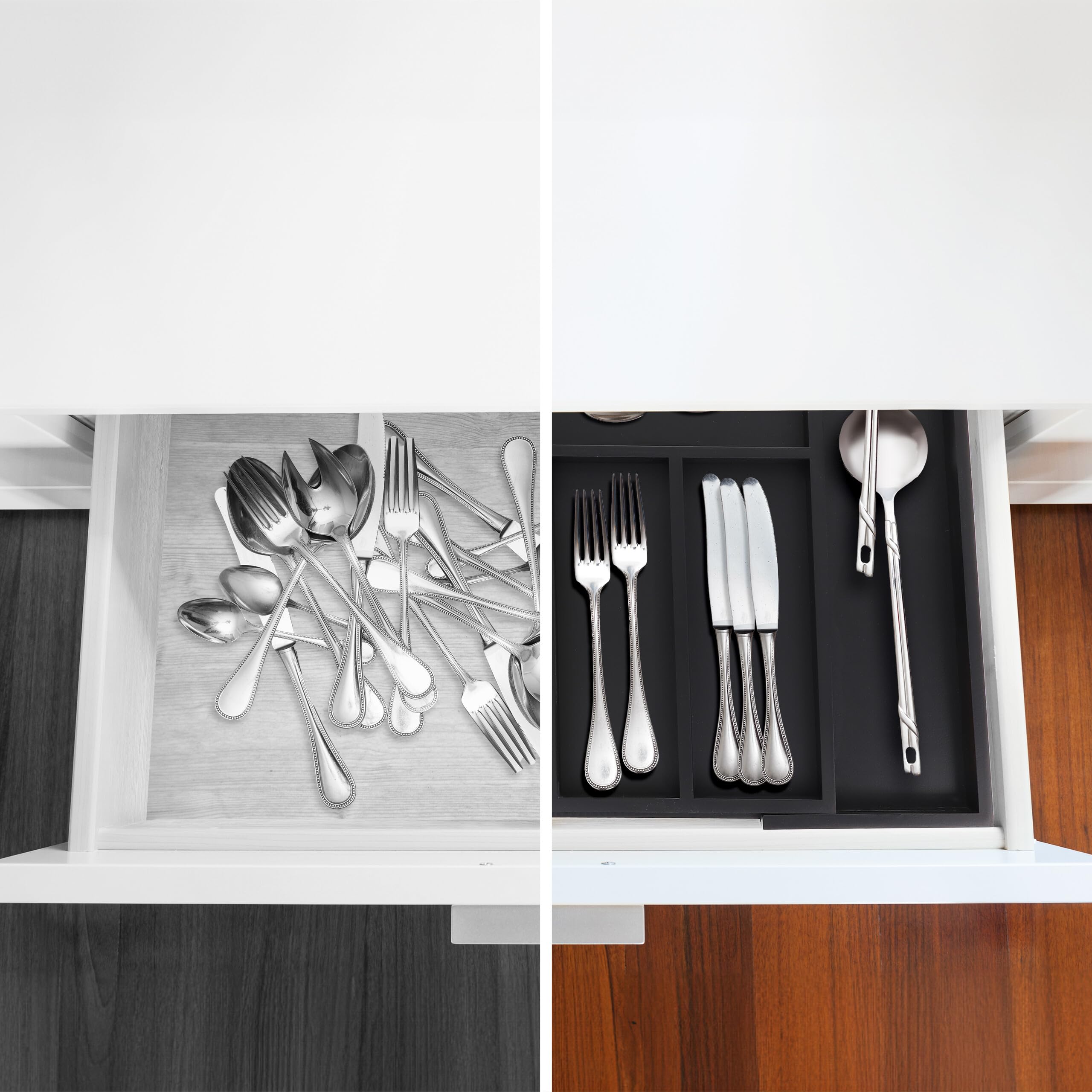 Relaxdays Cubertero Extensible Cajón, Organizador 5-7 Compartimentos Bambú, Separador Cubiertos, 5x30,5-49x46 cm, Negro