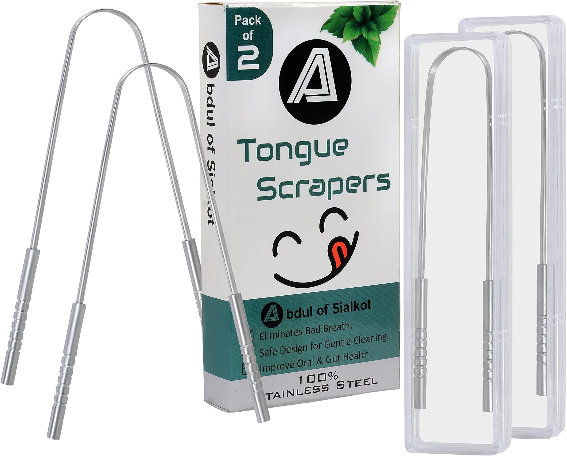 Abdul of Sialkot Tongue Cleaner for Hygiene,100% Stainless Steel for Oral CareTongue Scraper with Travel Case,Bad Breath Treatment Tongue Scraper for Adults Pack of 2 (Sliver)