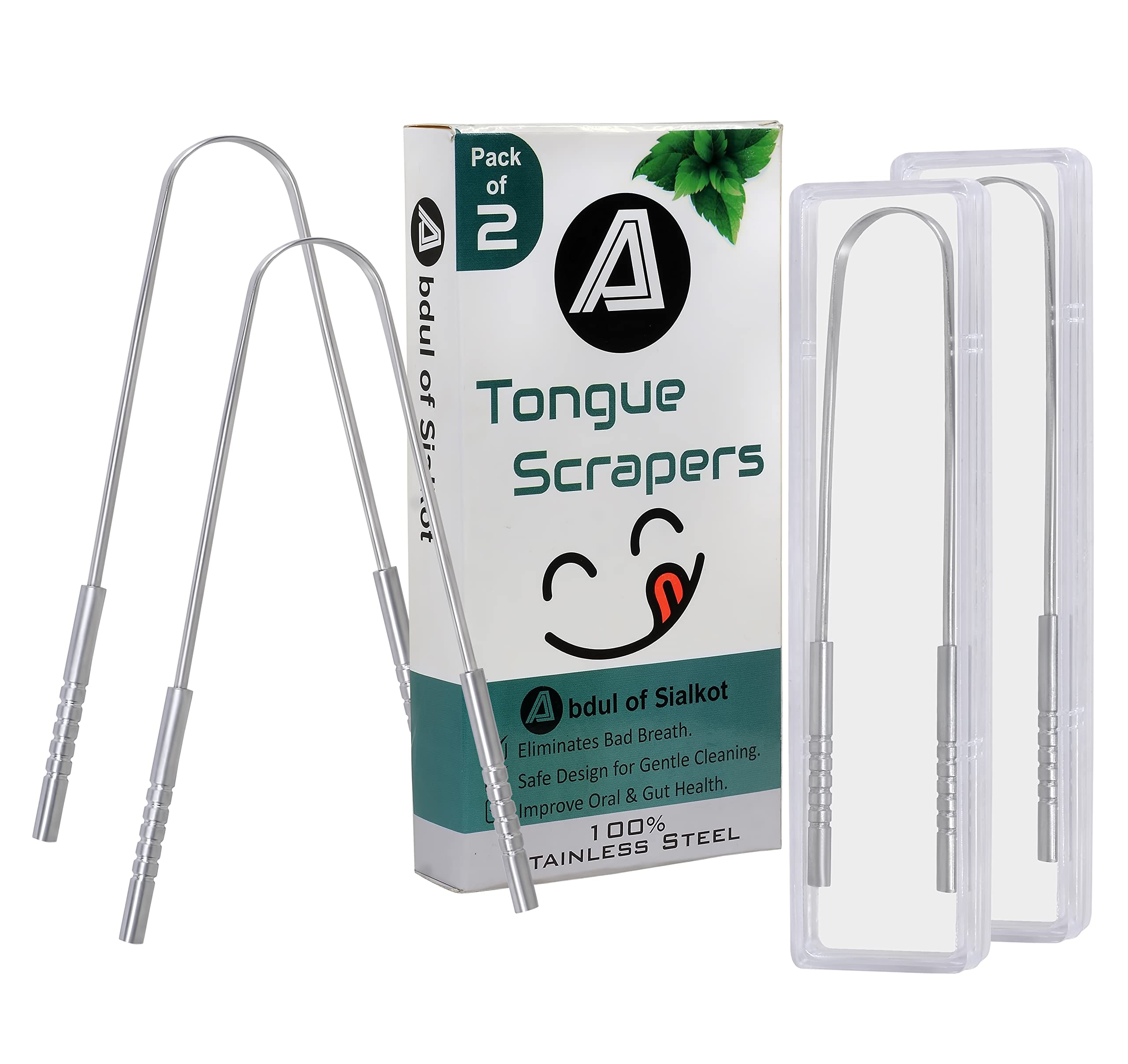 Abdul of Sialkot Tongue Cleaner for Hygiene,100% Stainless Steel for Oral CareTongue Scraper with Travel Case,Bad Breath Treatment Tongue Scraper for Adults Pack of 2 (Sliver)