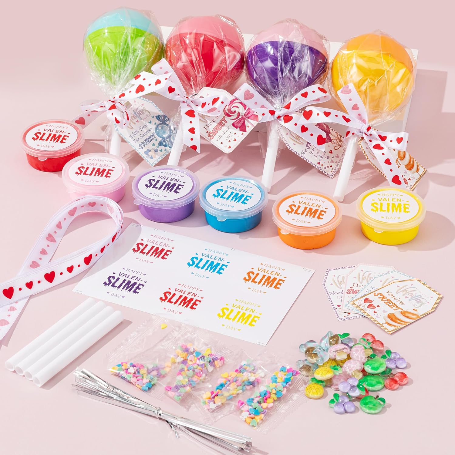 24pcs Easter Basket Stuffers for Kids,Valentines Day Gifts for Kids Classroom-Lollipop-Shaped Slime with Cards,Valentines Day Cards for Kids School Classroom,Slime kit for Girls Boys