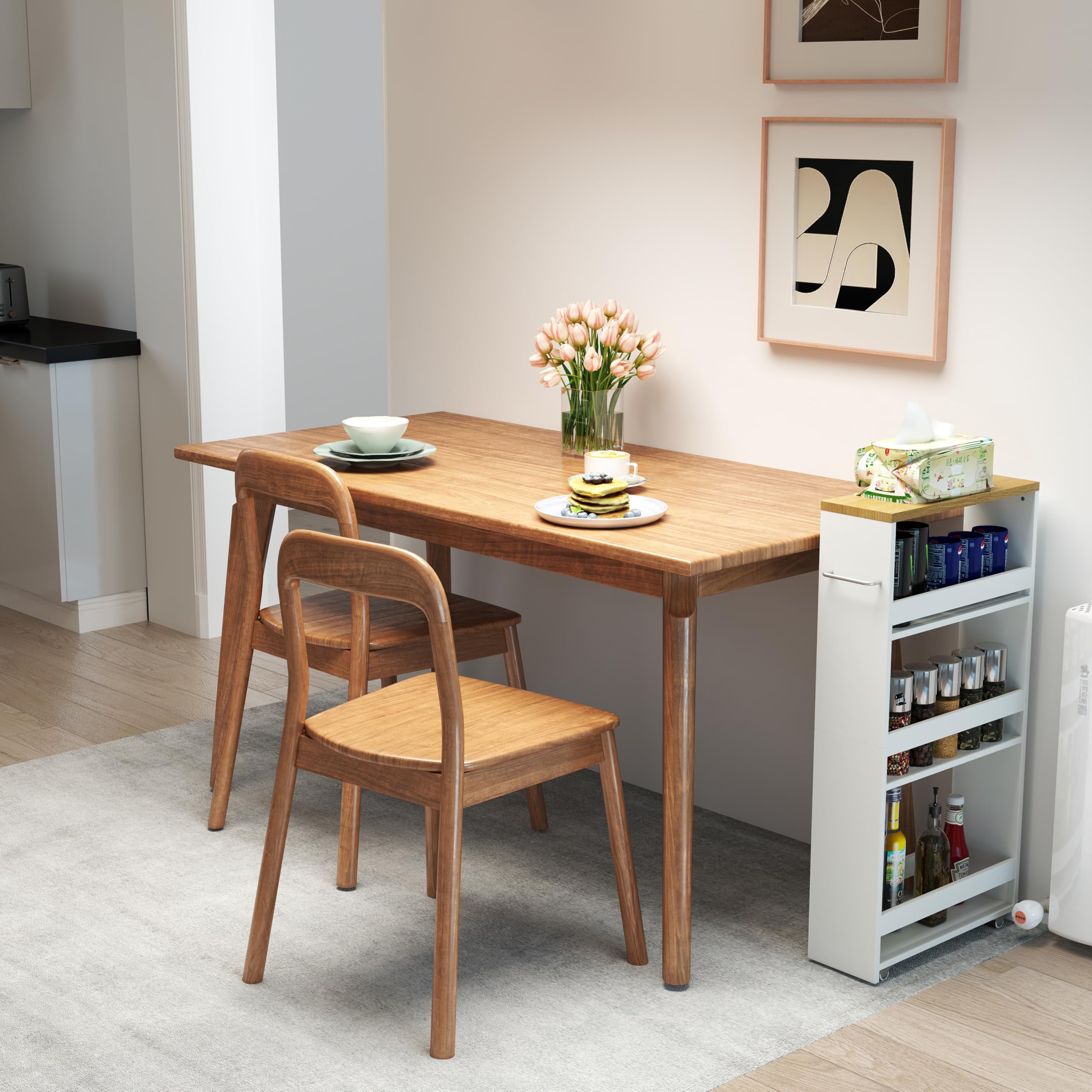 Carrito Auxiliar con Ruedas de 4 Niveles, Estante de Cocina Delgado con Asa, 40 x 80 x 14 cm, Pequeños Espacios, Baño, Lavandería, Blanco y Madera Natural, Juego de 2 Unidades