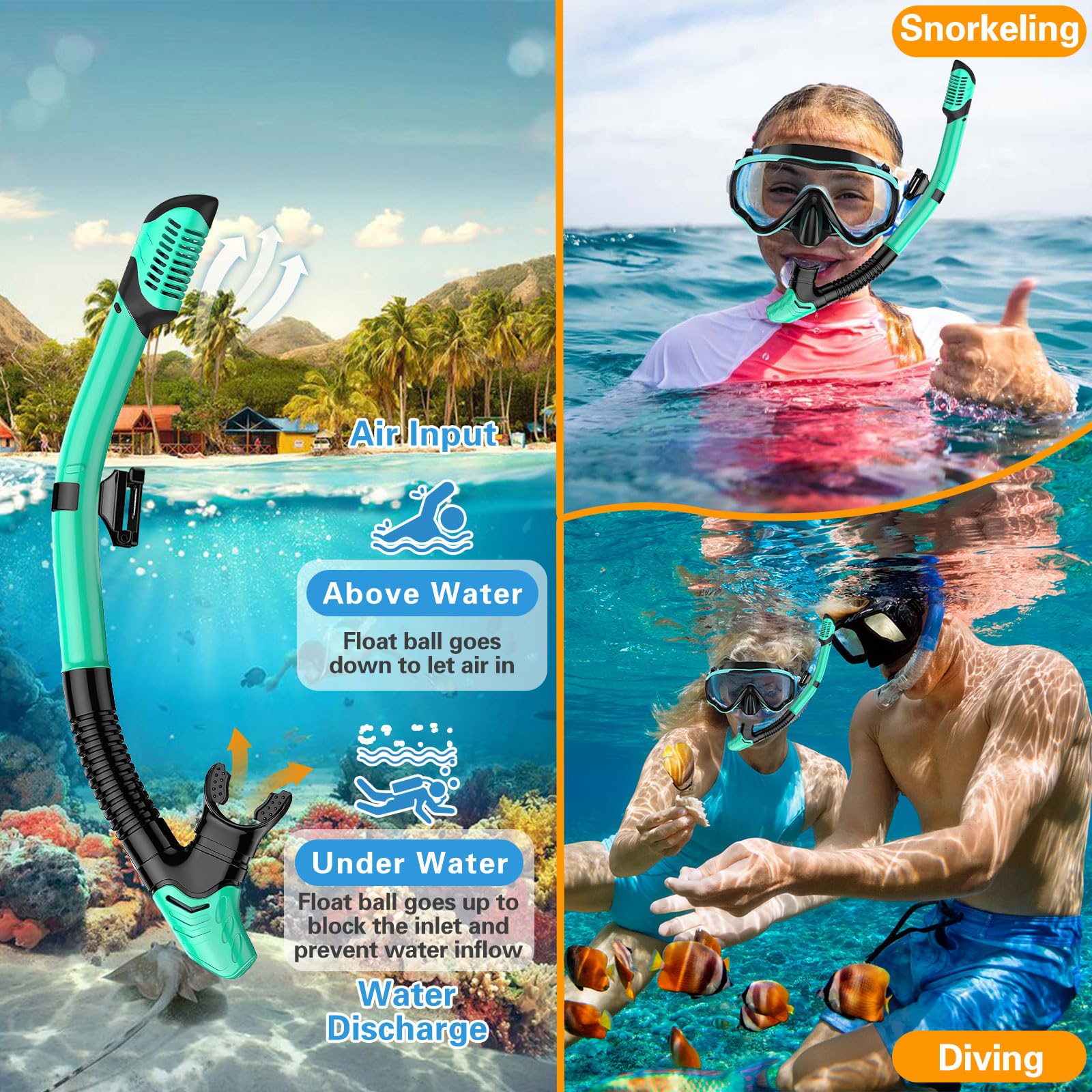 Masque de Plongée Adulte avec Tuba, Lunettes Panoramiques 180°, Vert