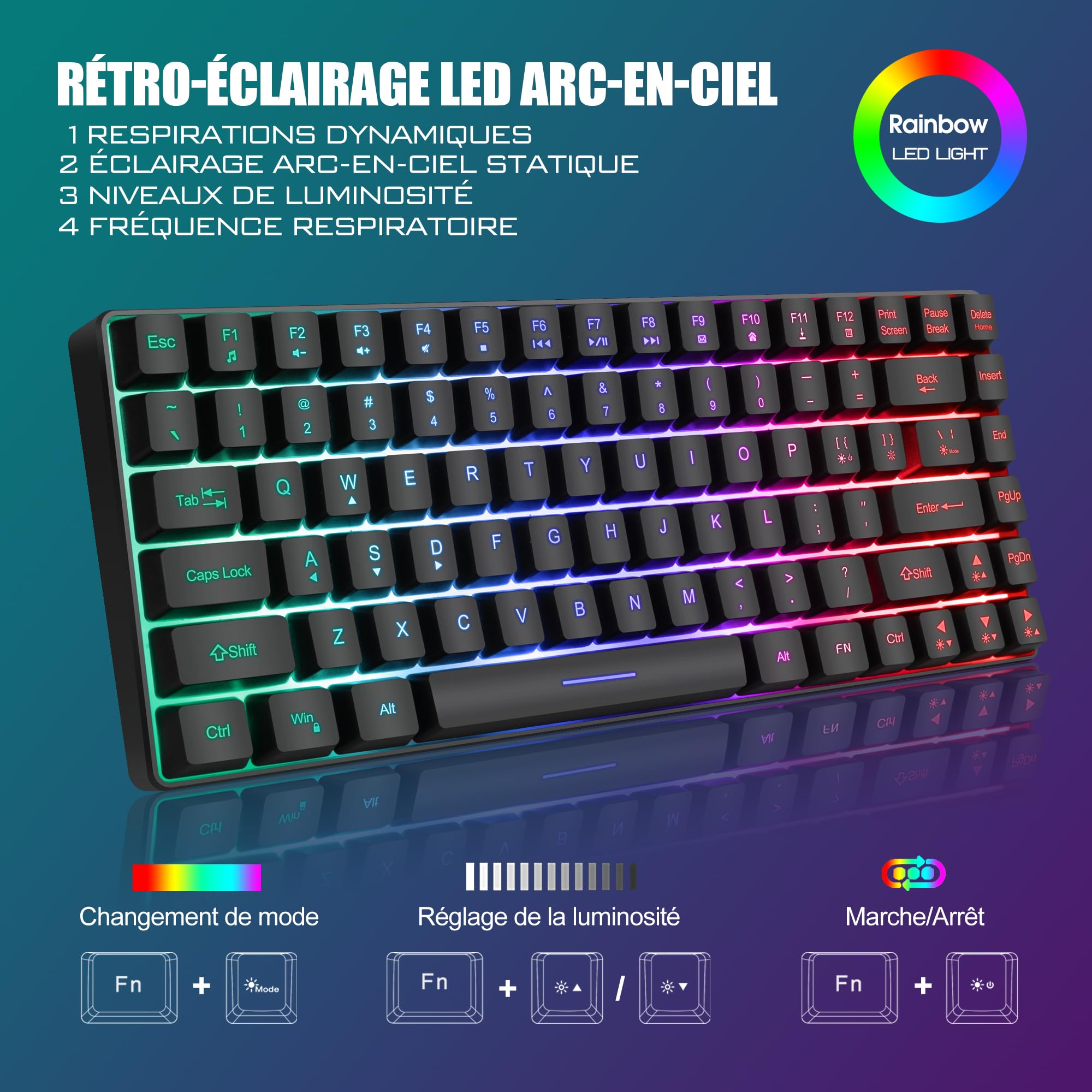 RedThunder K84 Combo Tastiera e Mouse USB Wireless Gamer, AZERTY Francese, Batteria Ricaricabile RGB Retroilluminata, Tastiera TKL al 75% e Mouse Ottico Leggero a Nido d'ape 3200 DPI (nero)