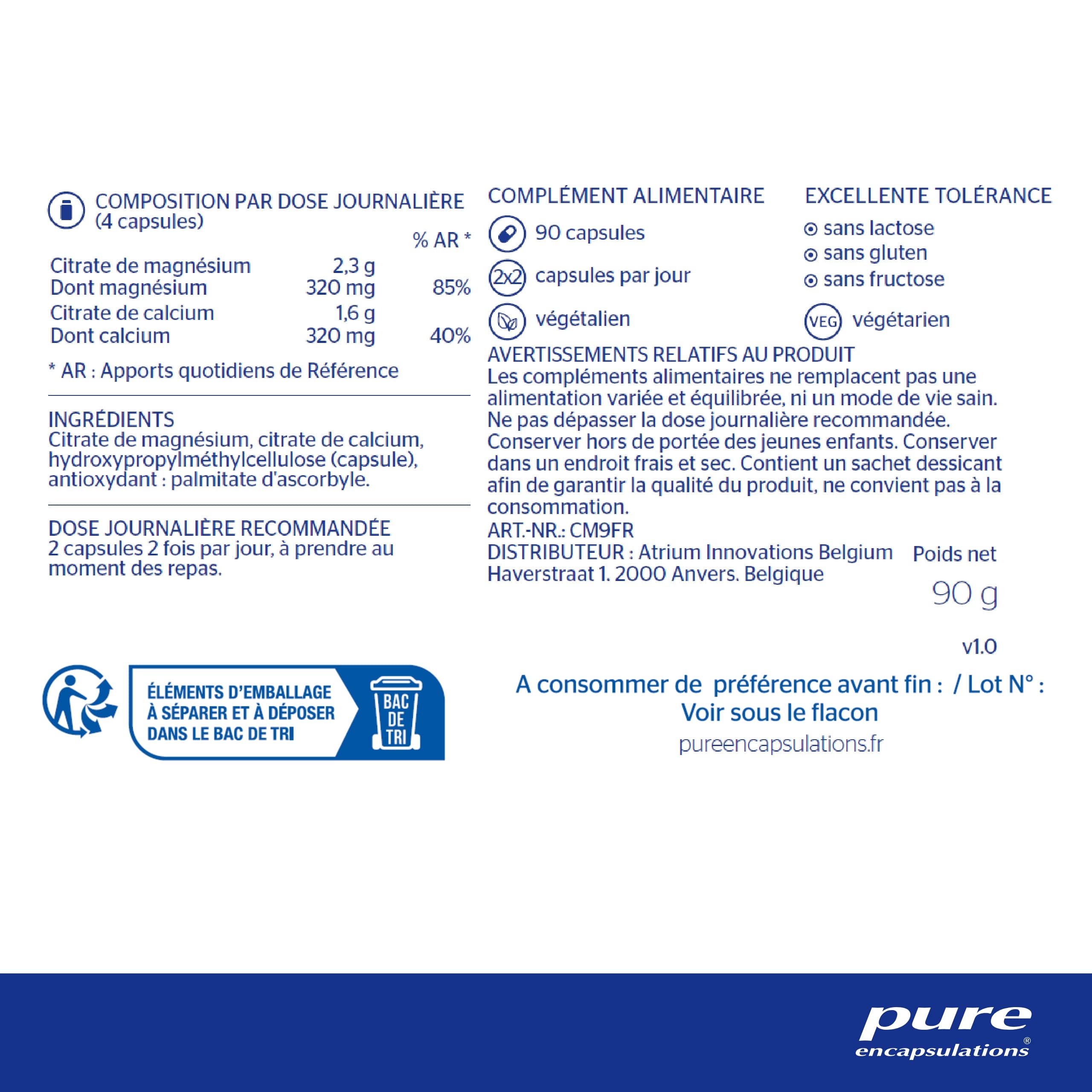 Pure Encapsulations - Calcium-Magnésium (Citrate) - Citrate de Calcium Végan avec Magnésium Hautement Absorbable - 90 Gélules Véganes