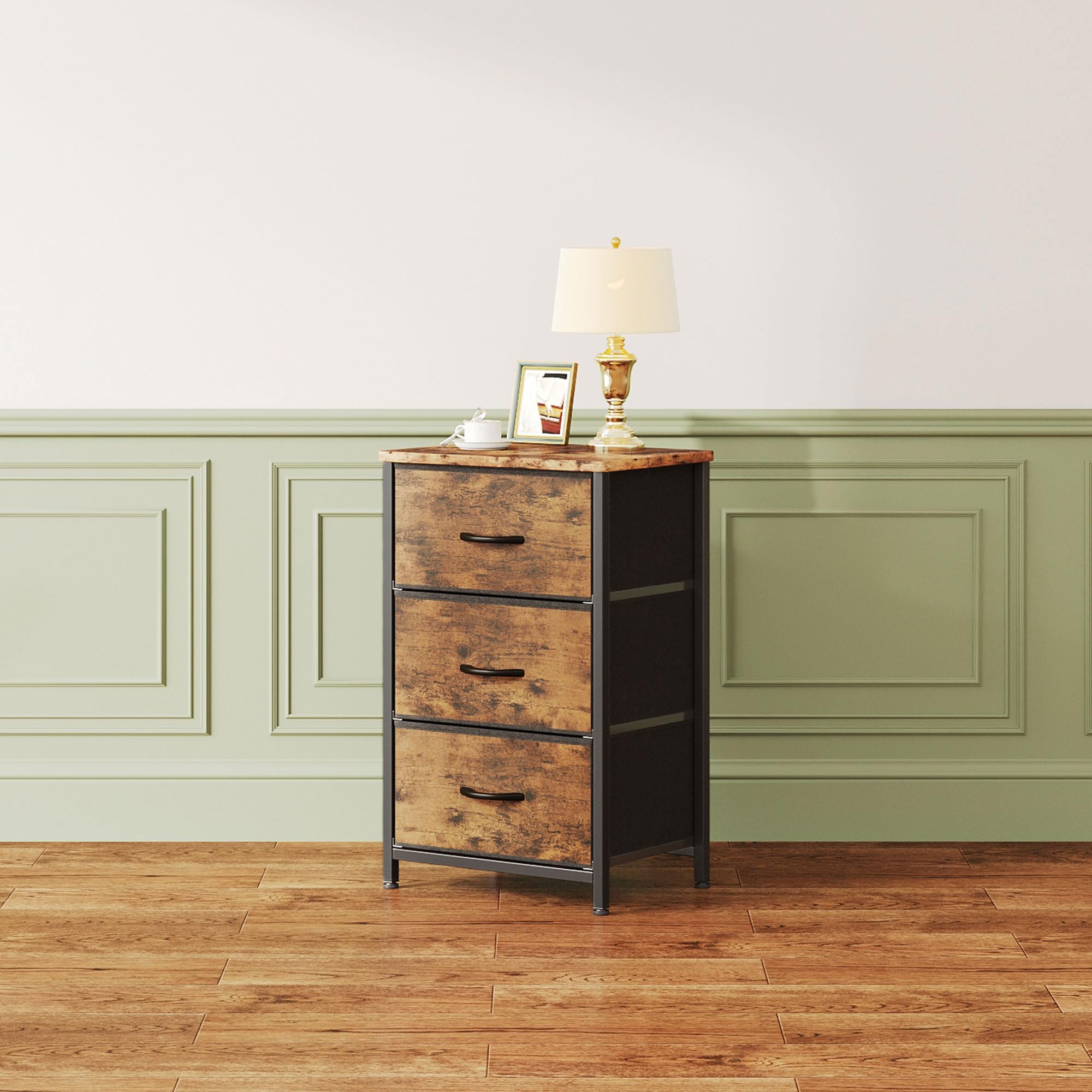 CAIYUN Nachttisch mit 3 Stoffschubladen, Schmaler Kommodenschrank für Schlafzimmer, Wohnzimmer und Flur, Holzplatte, Platzsparend, Schwarz, Modernes Design