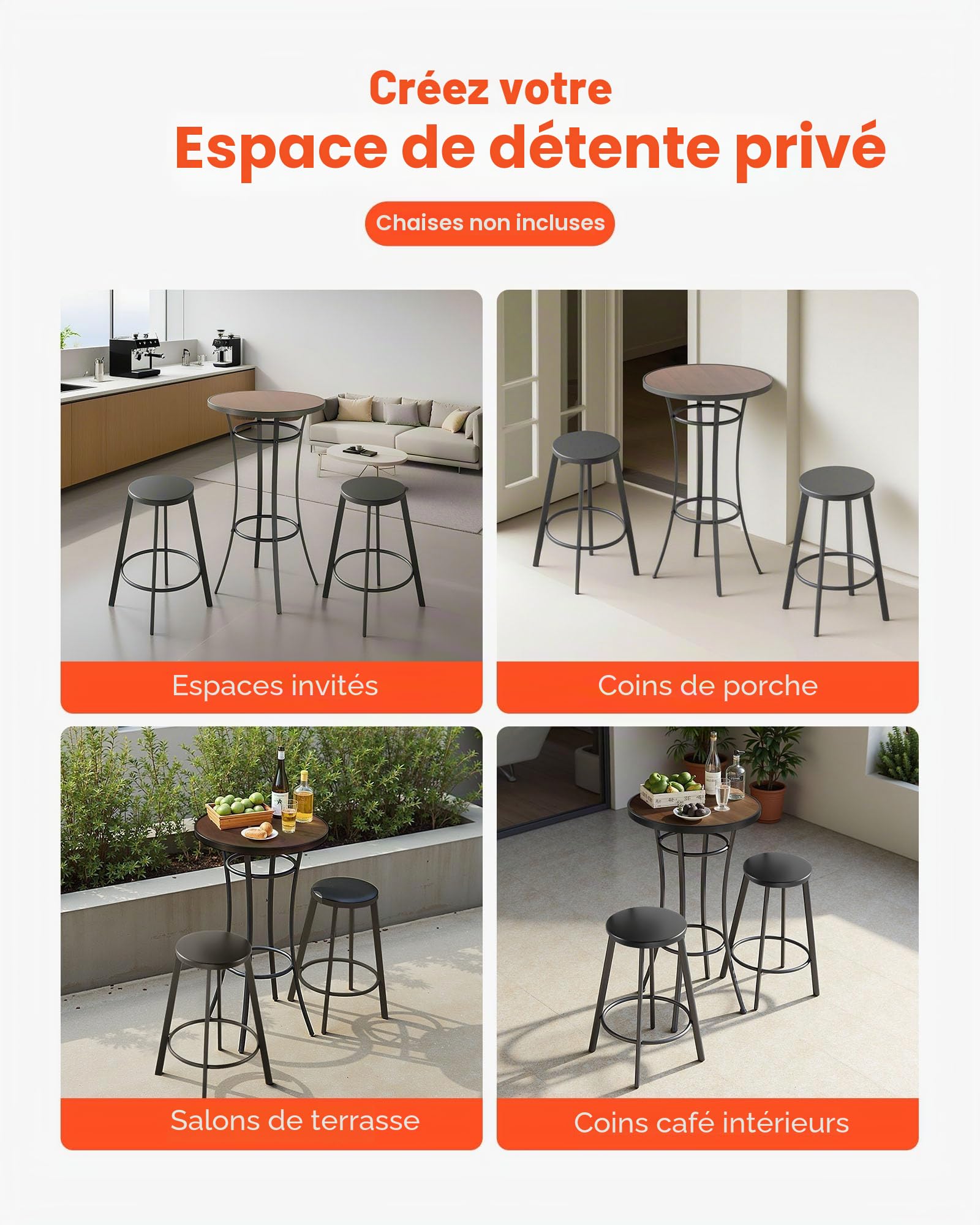 VEVOR Table de Bar Ronde, 60x101 cm, Table de Bistrot Haute Extérieur, avec Plateau, Structure Métal Robuste, Mobilier de Jardin pour Patio, Terrasse, Petits Espaces Intérieur, Cuisine, Salle à Manger