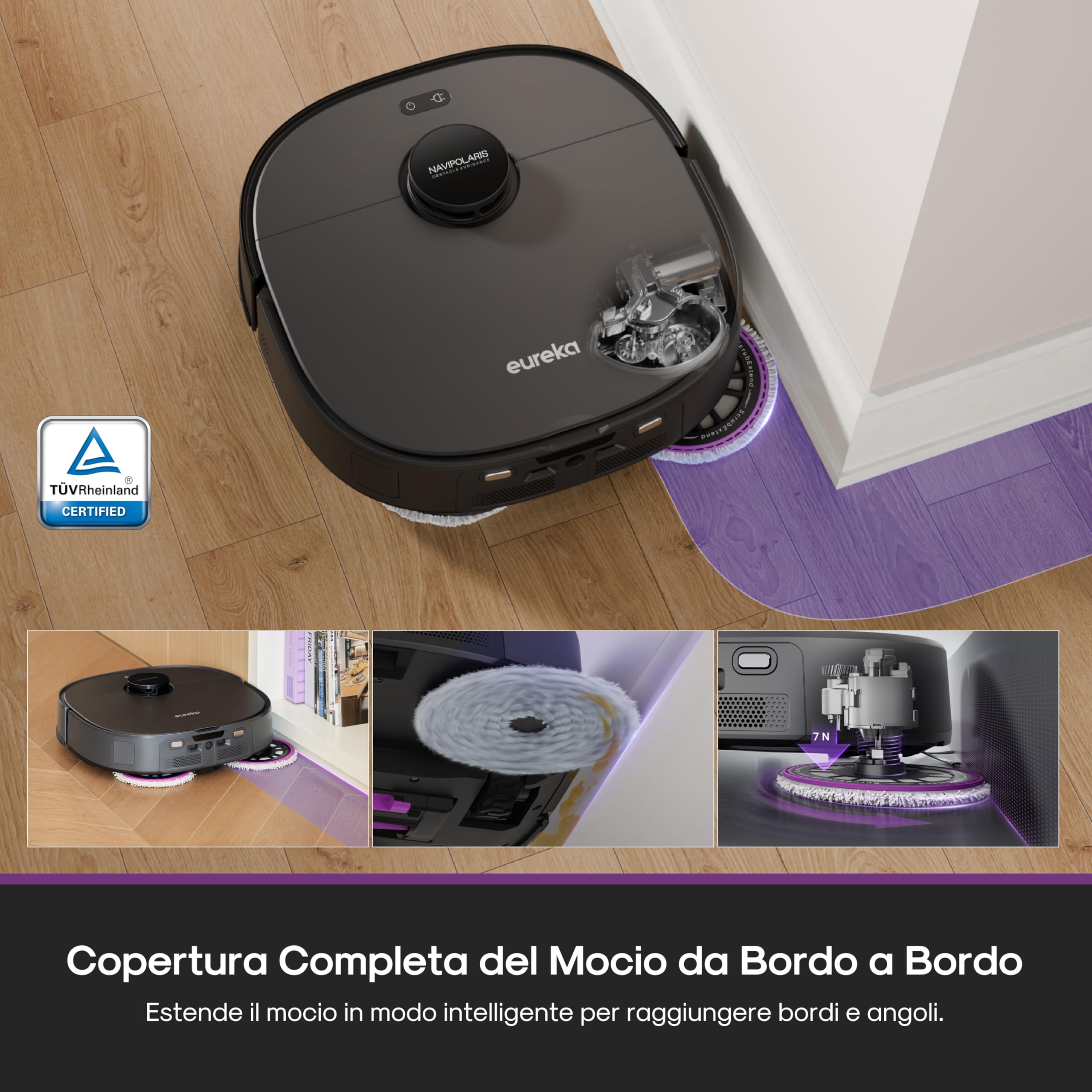 EUREKA J15 Evo Ultra Robot Aspirapolvere e Lavapavimenti, Aspirazione 22.000Pa, Mocio Estendibile 100% Bordi, Autolavaggio/Asciugatura 55°C, 75 Giorni Autonomia, Animali Domestici, Anti-Groviglio,Nero