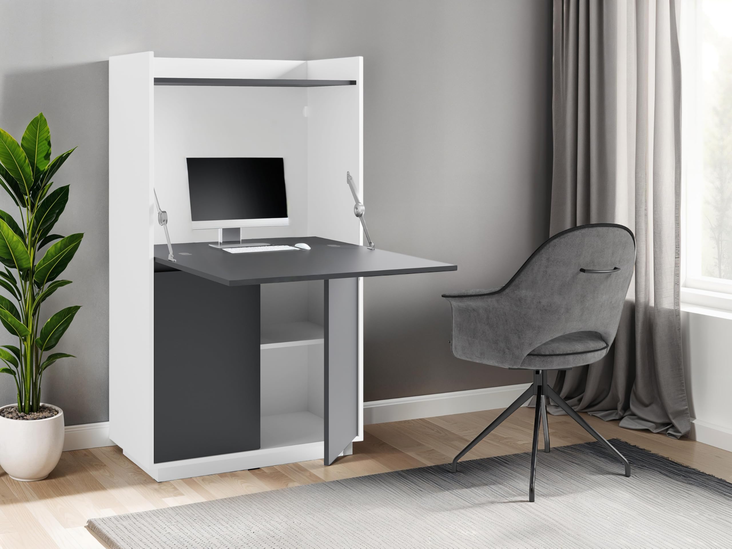 byLIVING Sekretär Hannes, Grifflos, Sekretär Mattweiß - anthrazit | Office-Schrank mit 1 Klappe und 2 Türen, B 80, H 141, T 40 cm