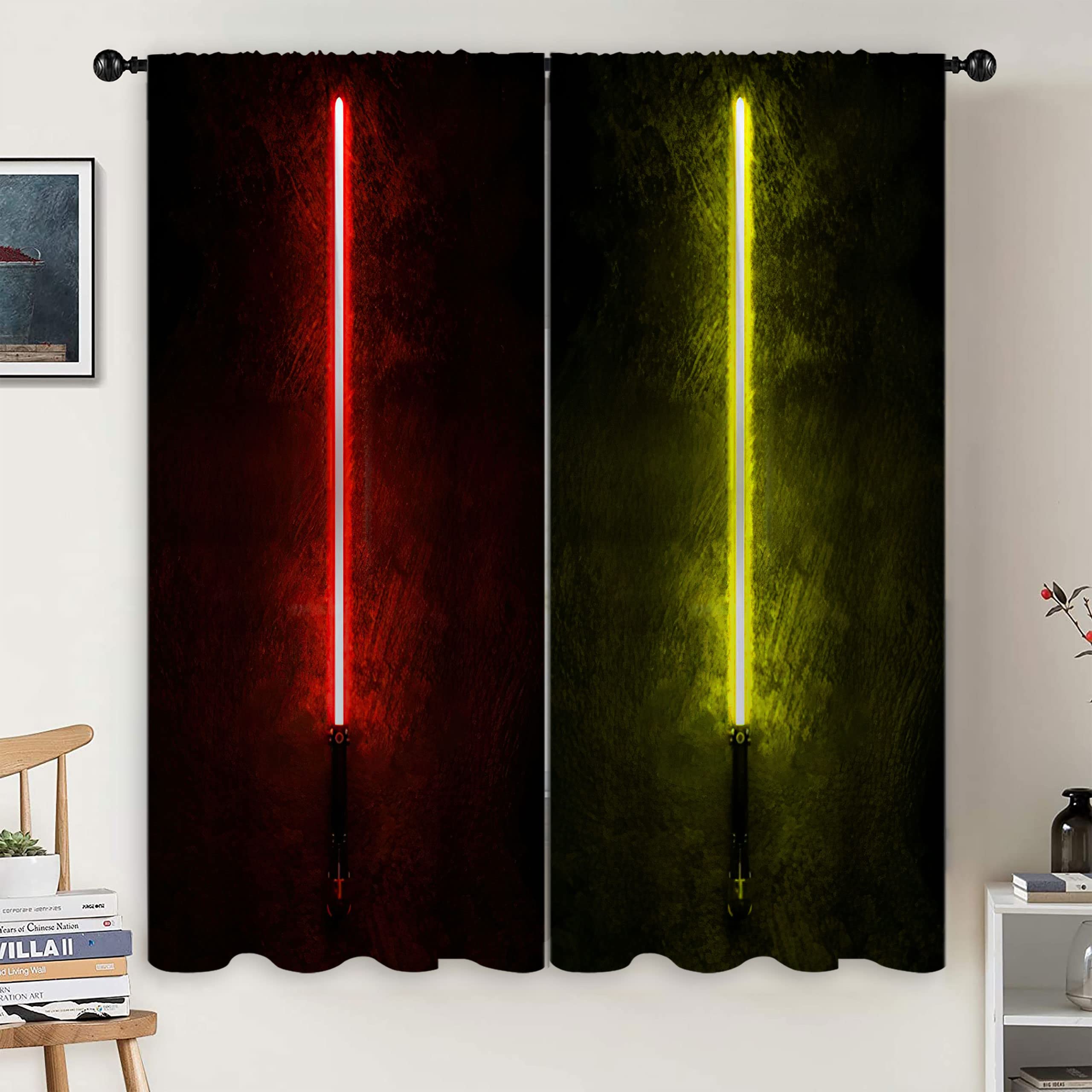 OLYPRO Lightsaber Kids Bedroom Theme Decor Rod Pocket Curtain,Modern Home dedor Pink and Yellow Lightsaber Blackout Curtain Thermal Insulated for Living Nursery Room(2 Panels,72 x 84 Inch)