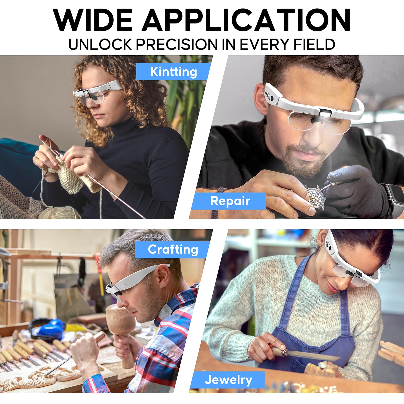 Gafas Lupa con luz led, Aumento de 1.5X a 5X con 4 Lentes reemplazables, Lupa Recargable Manos Libres con luz para Manualidades, Pintura de Diamantes y joyería (Blanco)