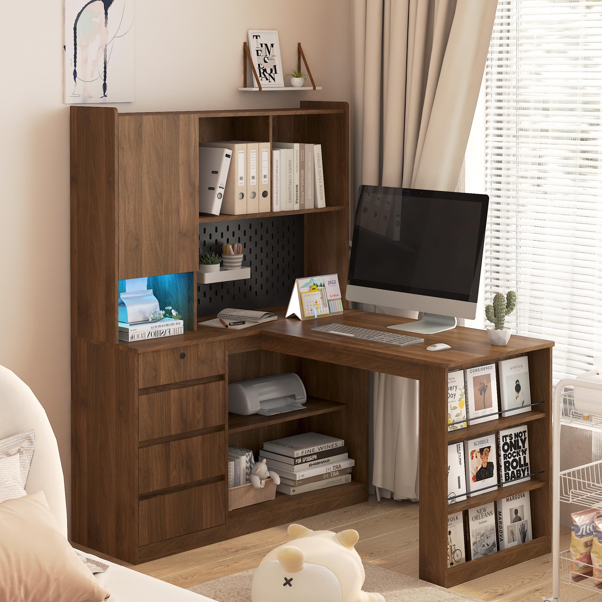 HMYFGD L Shaped Office Desk with Hutch and LED Light, Home Office Corner Writing Desk with Drawers and Bookshelf, Modern Study Table Computer Desk