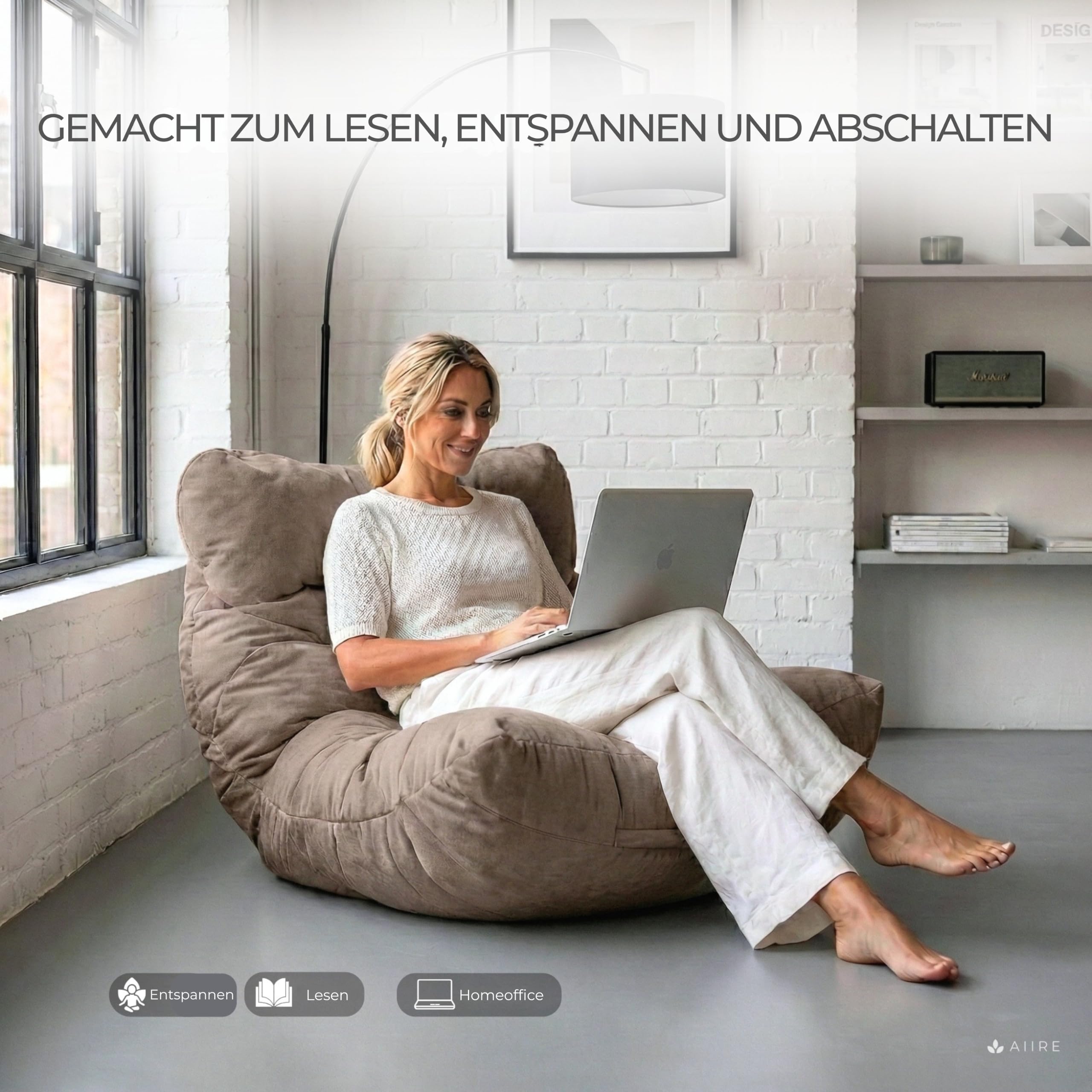 Aiire Relaxo Sitzsack XXL für Kuschelecke - Bean Bag Design mit Füllung - Riesen Sitzsäcke Erwachsene, Sitz Sack Flauschig - Bodenkissen Grob, Bodenstuhl, Bodensessel Braun