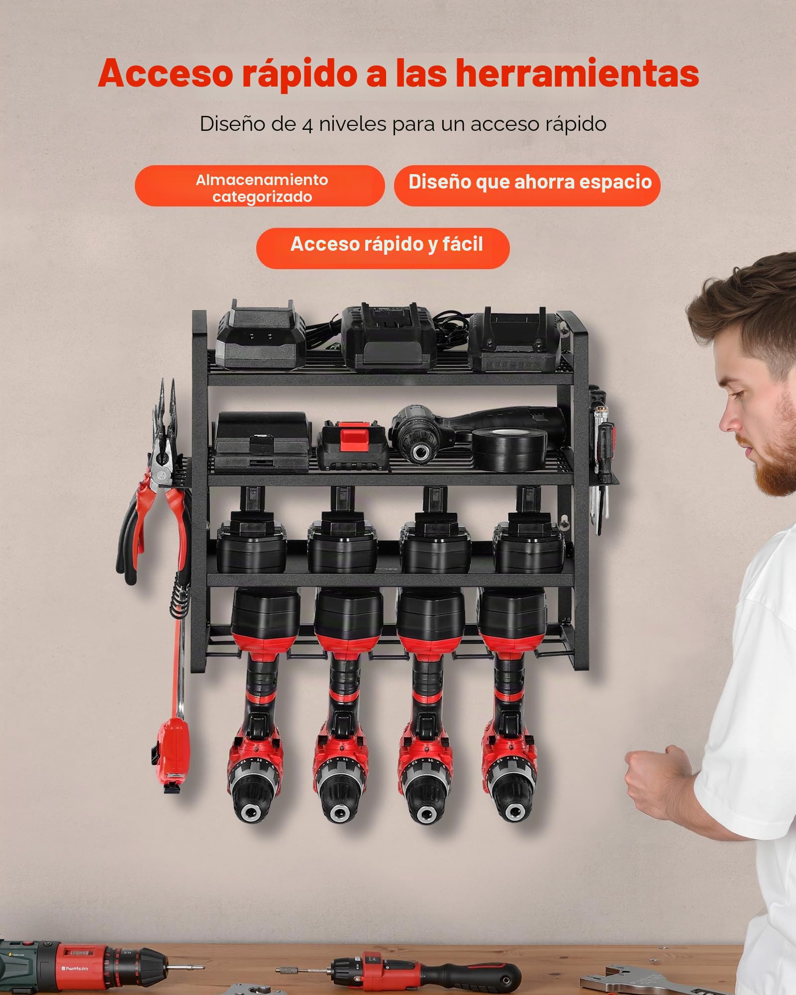 VEVOR Organizador de Herramientas Eléctricas de Pared, Estante de Almacenamiento de 4 Capas con 4 Soportes para Taladros, para Garaje, Banco de Trabajo y Taller, 490 x 200 x 370 mm, Carga 60 kg