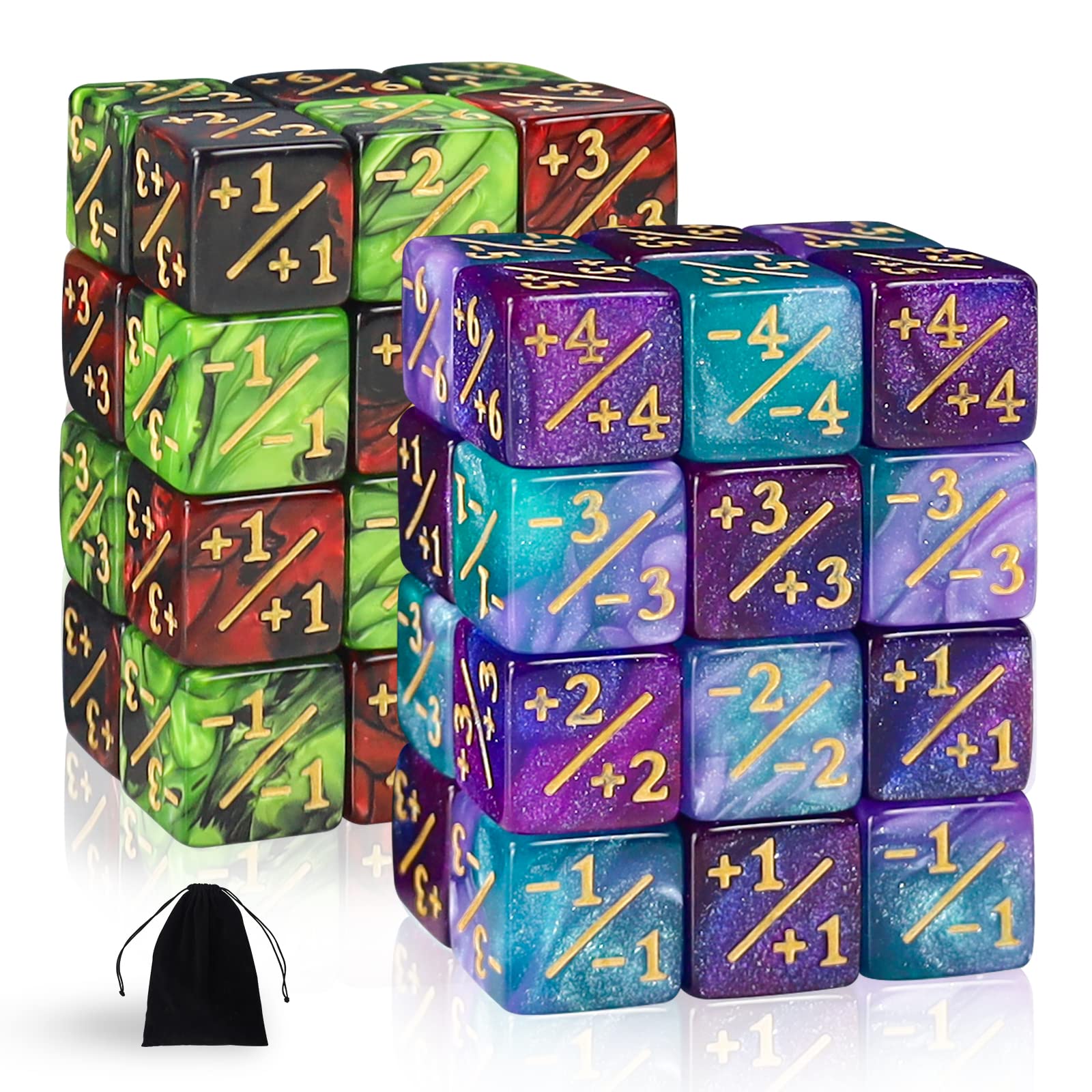 48 Stück MTG Zähler Token, +1/+6 & -1/-6 Würfelset, Glitter