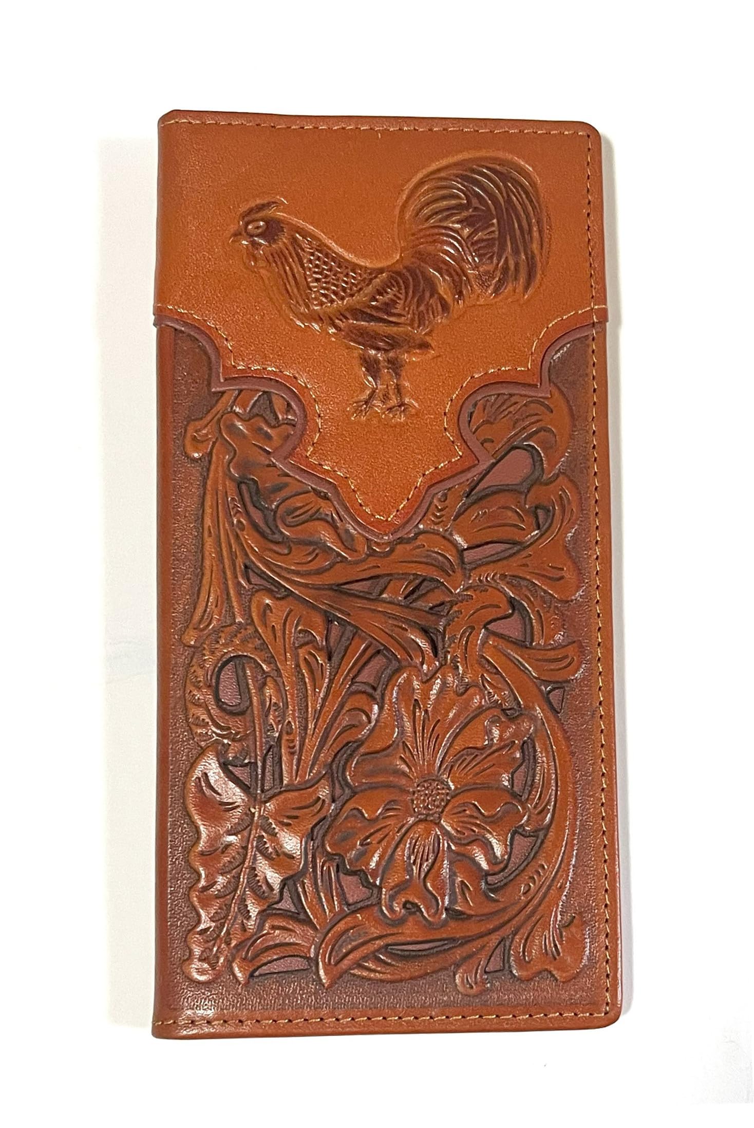 Western Genuine Leather Rooster Tooled Laser Cut Men's Long Bifold Wallet in 4 colors (Brown/Beige)