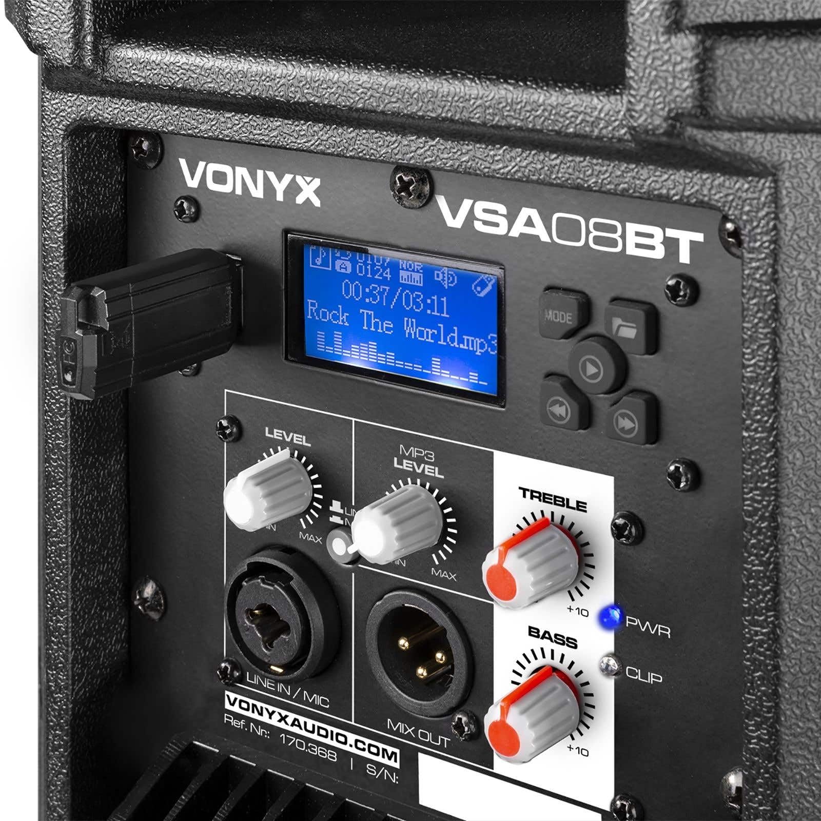 VONYX VSA08BT Enceinte Active Amplifiée Bluetooth 5.0-250 Watts, Woofer 8 Pouces, Montage sur Pied, Lecteur MP3, Affichage LCD, Idéal pour Les DJs Mobiles et pour Animer Vos Soirées