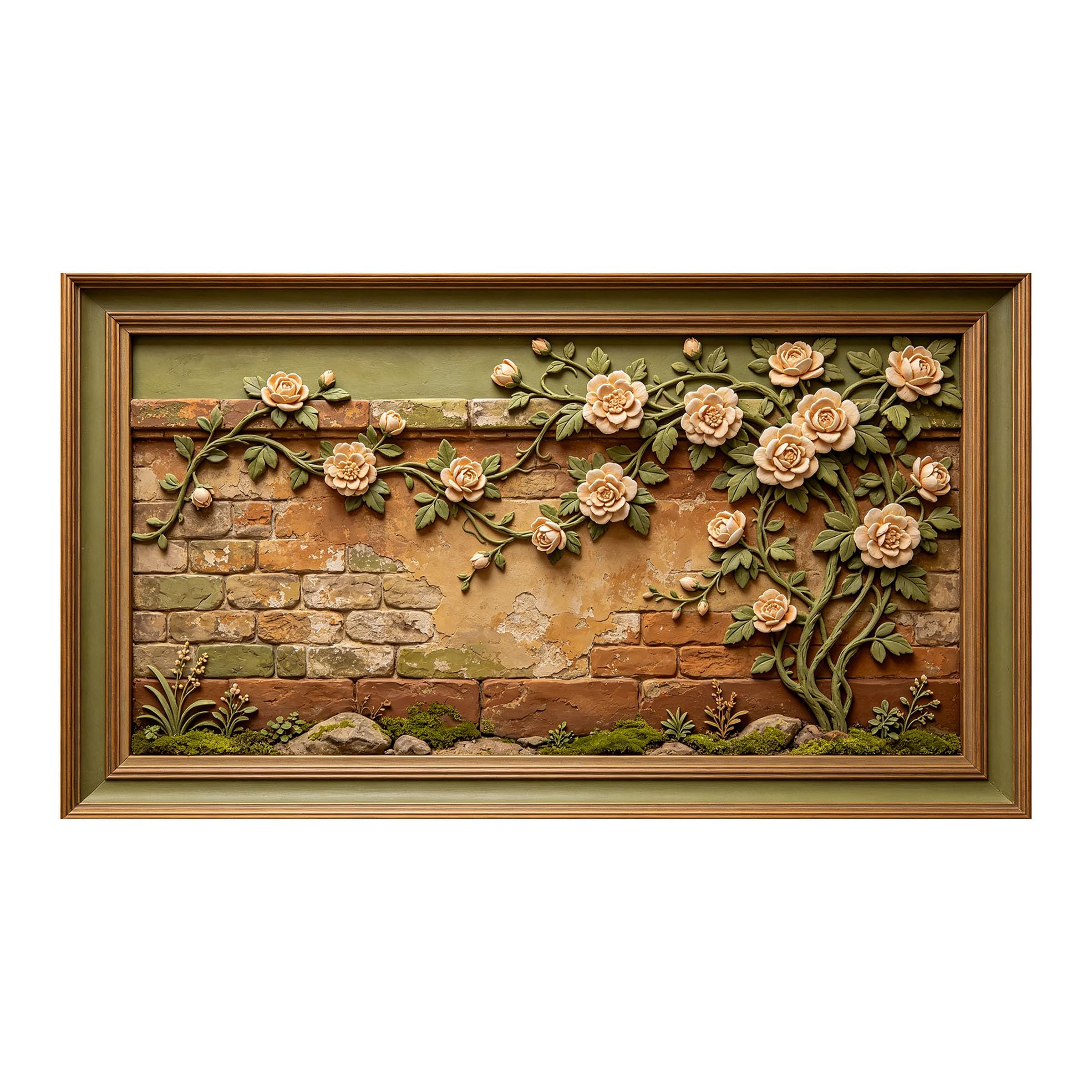 Murasolite 3D Framed Wall Art Vintage Brick Floral Relief Effect SelfAdhesive Fabric Mural Wall Decor， Peel and Stick No Damage to Wall， AntiFall Safe Design for Bedroom Living Room