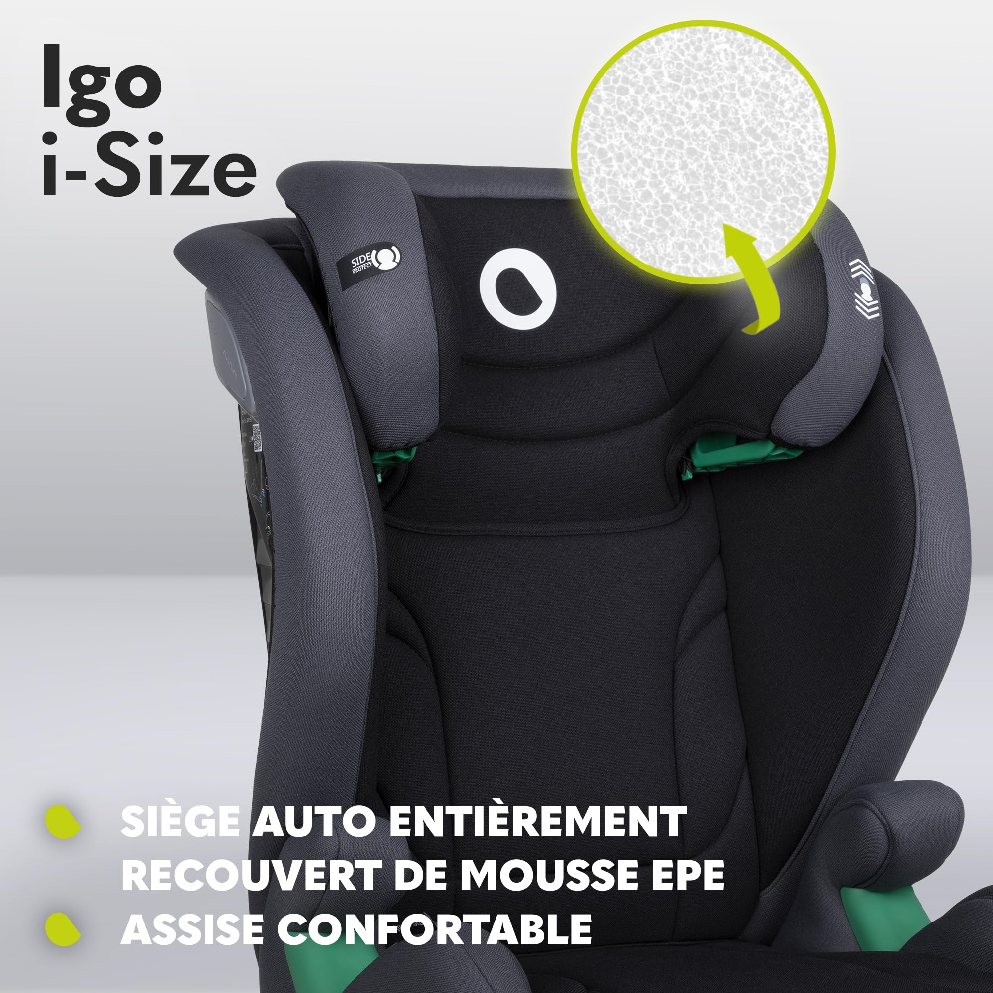 LIONELO IGO I-size Siège-auto pour enfants, groupe 2 3, de 100 à 150 cm ISOFIX ou fixation frontale sans ceinture, dossier et appui-tête réglables avec dossier amovible (Grey)