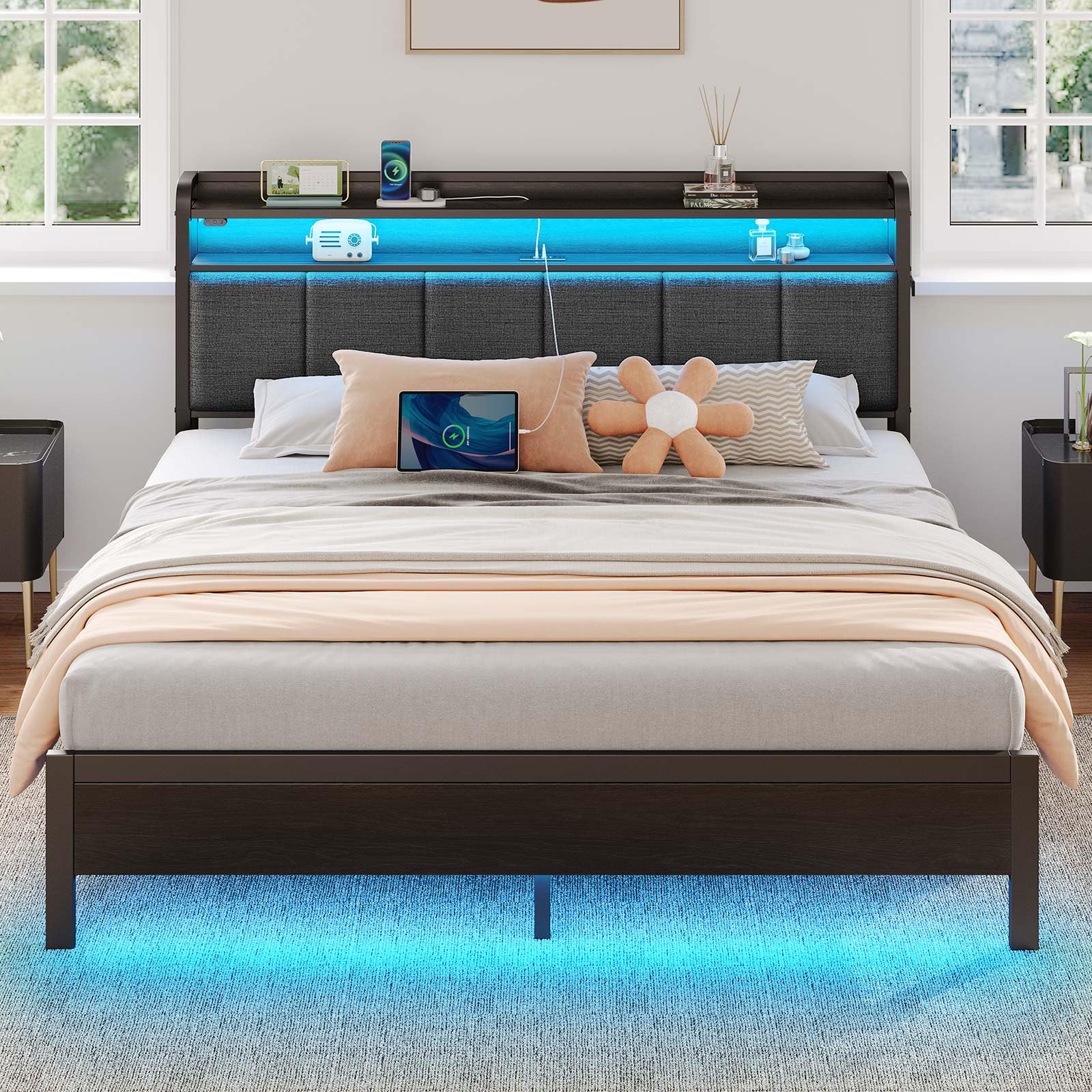 Rolanstar Bed Frame King Size with Charging Station and LED Lights, Upholstered Headboard with Storage Shelves, Heavy Duty Metal Slats, No Box Spring Needed, Noise Free, Easy Assembly, Dark Grey