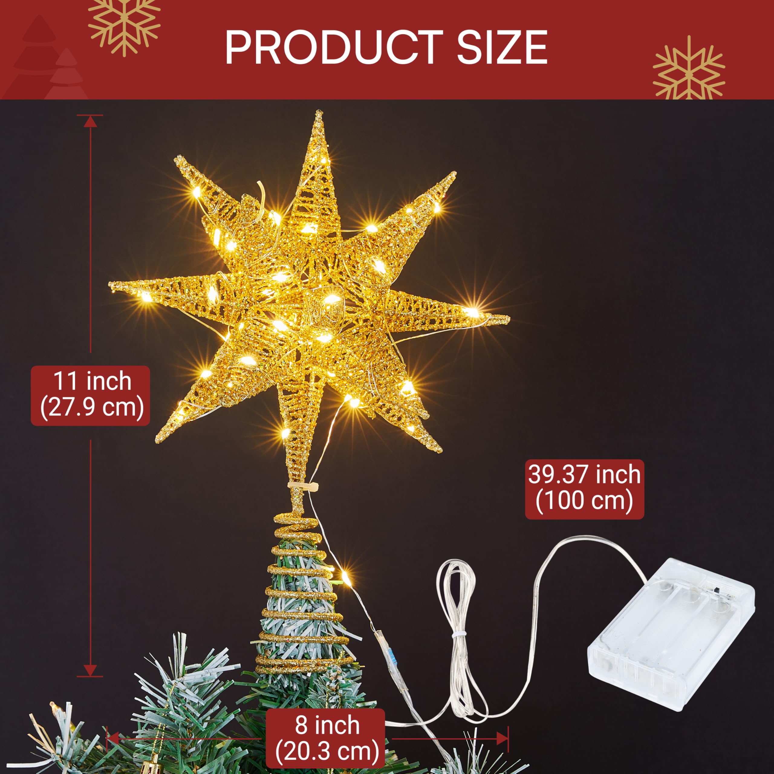 JOIEDOMI Cimier de sapin de Noël en métal 3D pailleté de 27,9 cm, blanc chaud, 36 LED avec prise minuteur, décoration de sapin de Noël, décoration d'intérieur