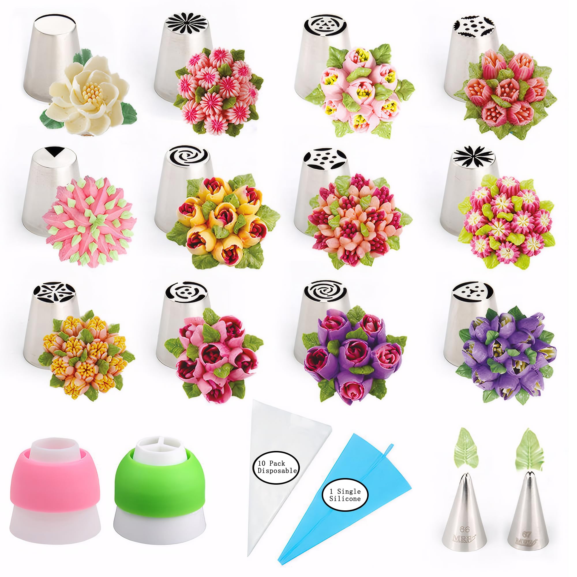 Russian Piping Tips Set: Stainless Steel Cake Decorating Tips, 27 Pcs Baking Piping Bags and Tips Set, 12 Flower Frosting Tips 2 Leaf Piping Tip 10 Pastry Bags 2 Couplers 1 Reusable Silicone Bag