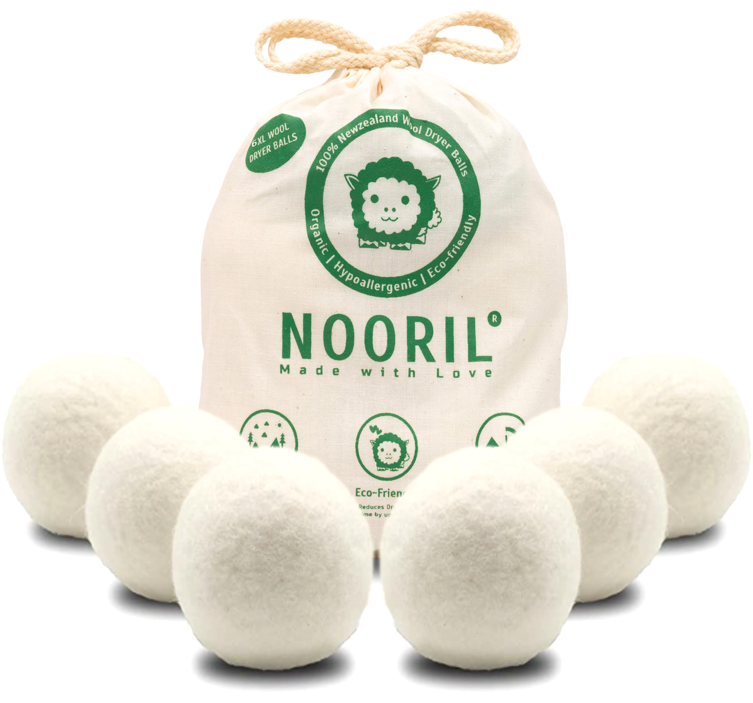 NoorilTumble Dryer Balls Pack of 6 - Handmade Reusable Organic Wool Laundry Balls for Fabric Softening, Reduce Drying Time, Noise, Static-Cling & Wrinkles with No Bad Odor