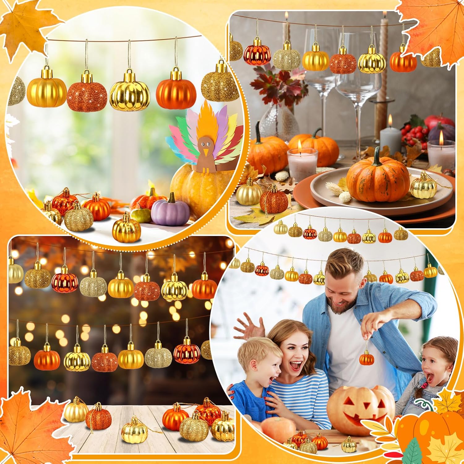 JULMELON 24 Pcs Fall Thanksgiving Pumpkin Ornaments Tree Decorations Fall Autumn Mini Pumpkin Hanging Ornaments with Rope Glitter Pumpkin Pendant for Party Favors Farmhouse Rustic Craft Supplies - Image 7