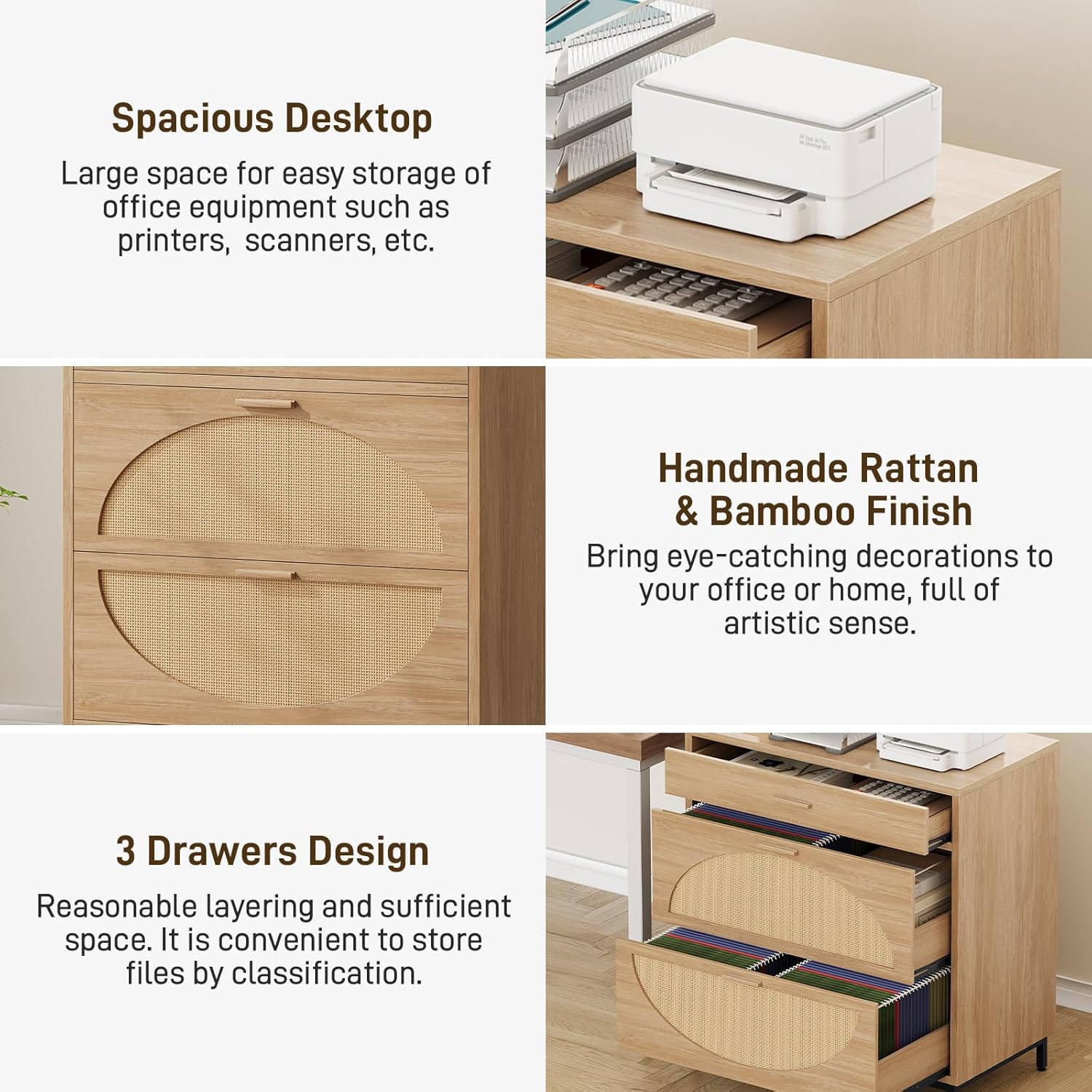 Vabches Lateral File Cabinet with 3 Drawers, Modern Rattan File Cabinet for Legal/Letter/A4 Size Hanging Files, Large Wood Printer Stand Home Office, Natural